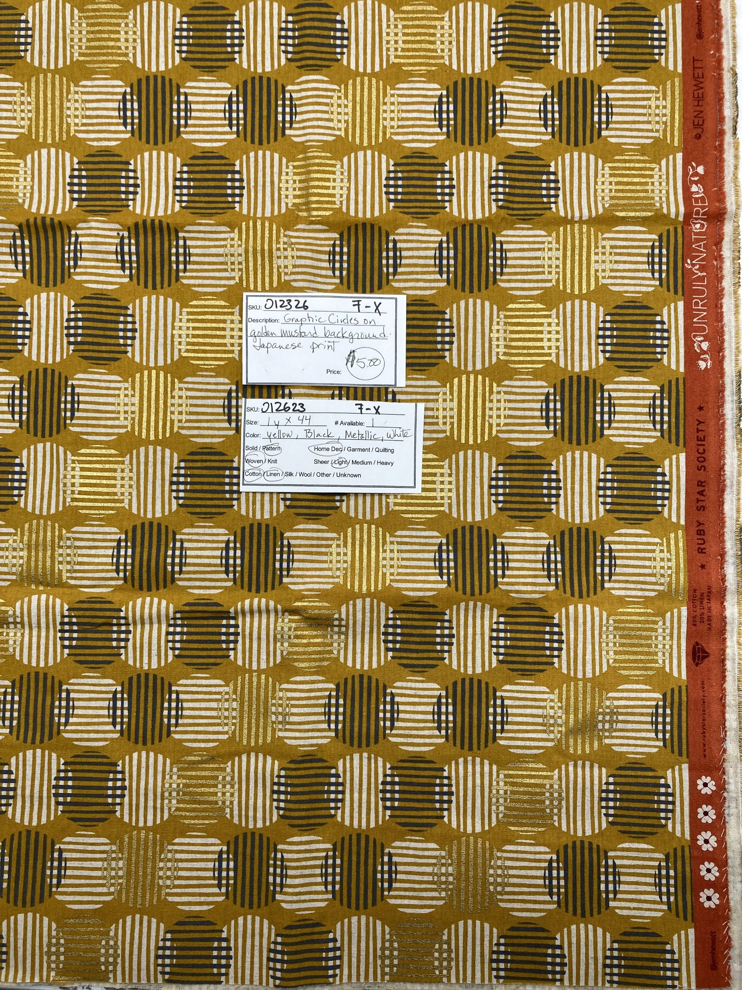 012326-F-X Graphic circles on mustard; Cotton/Linen; 1 yd x 44"