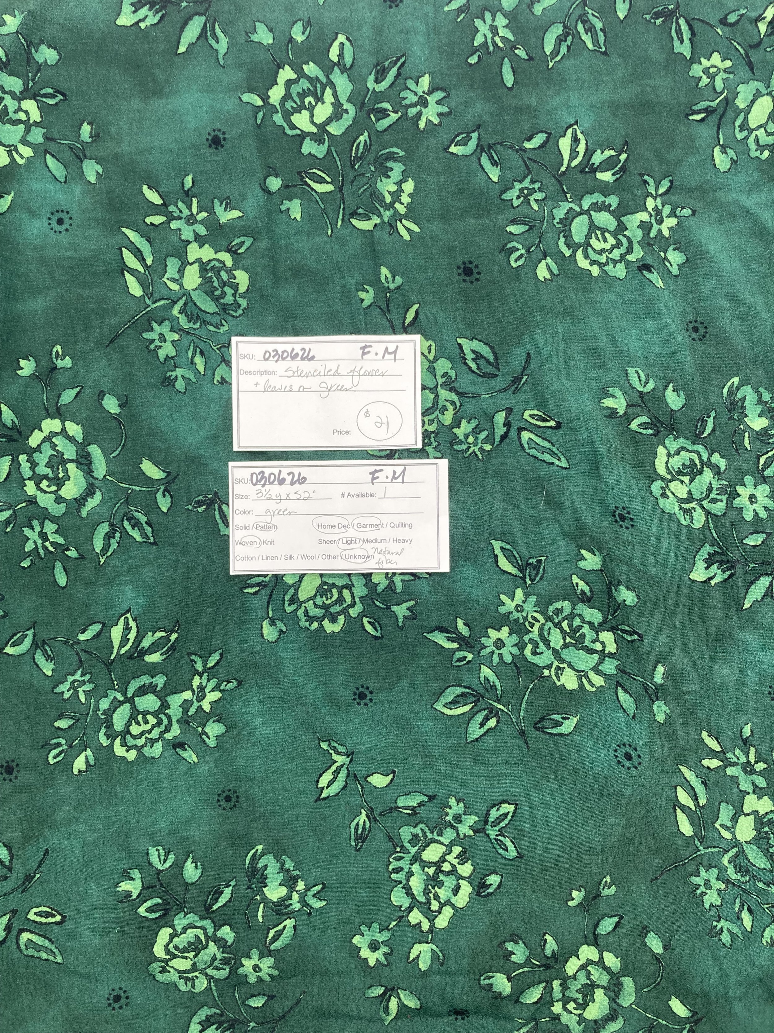 030626-F-M Stenciled flowers and leaves; 3 1/2 yds x 52"