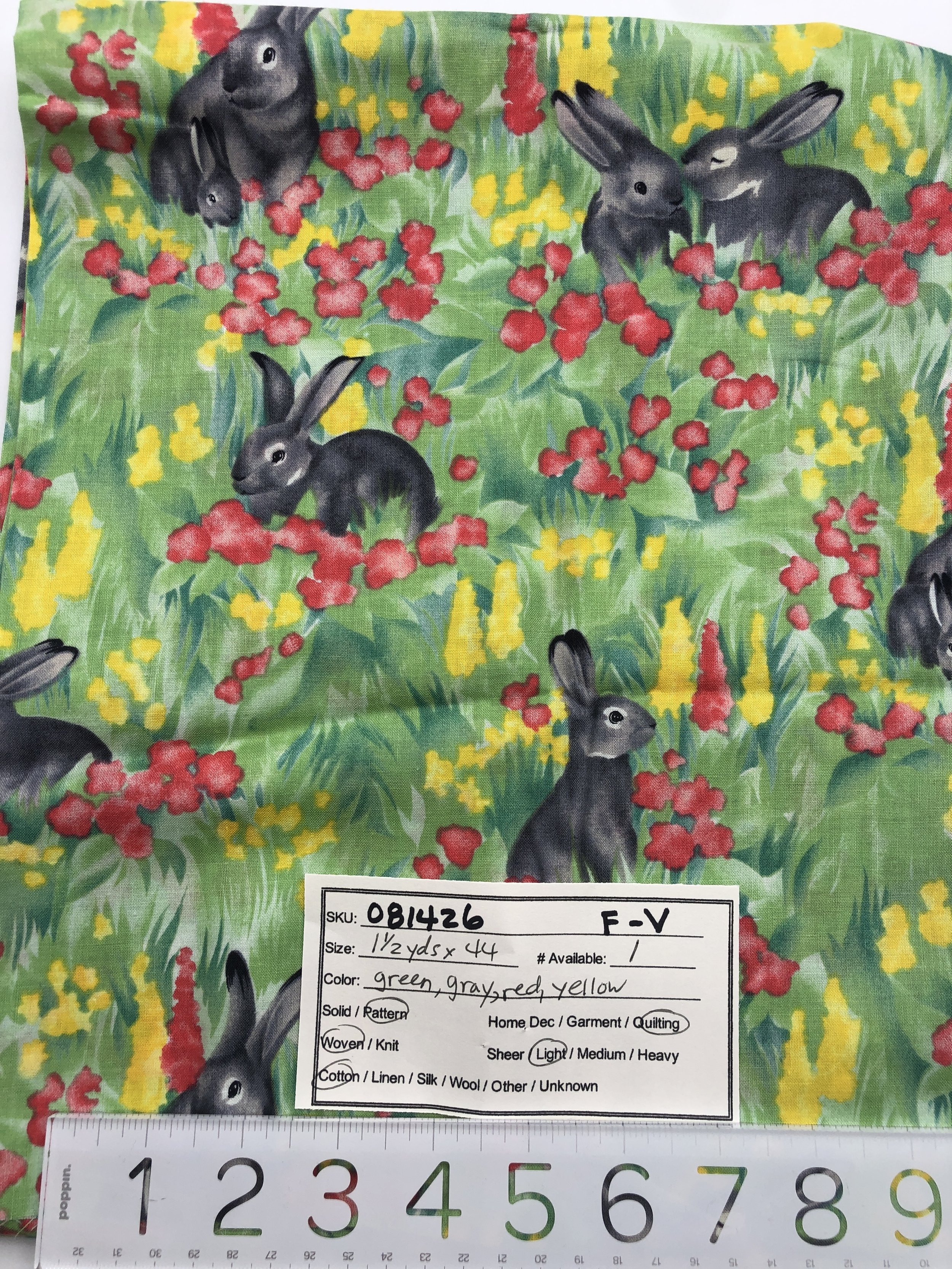 081426-F-V Rabbits in flowers and grass; Cotton; 1 1/2 yds x 44"