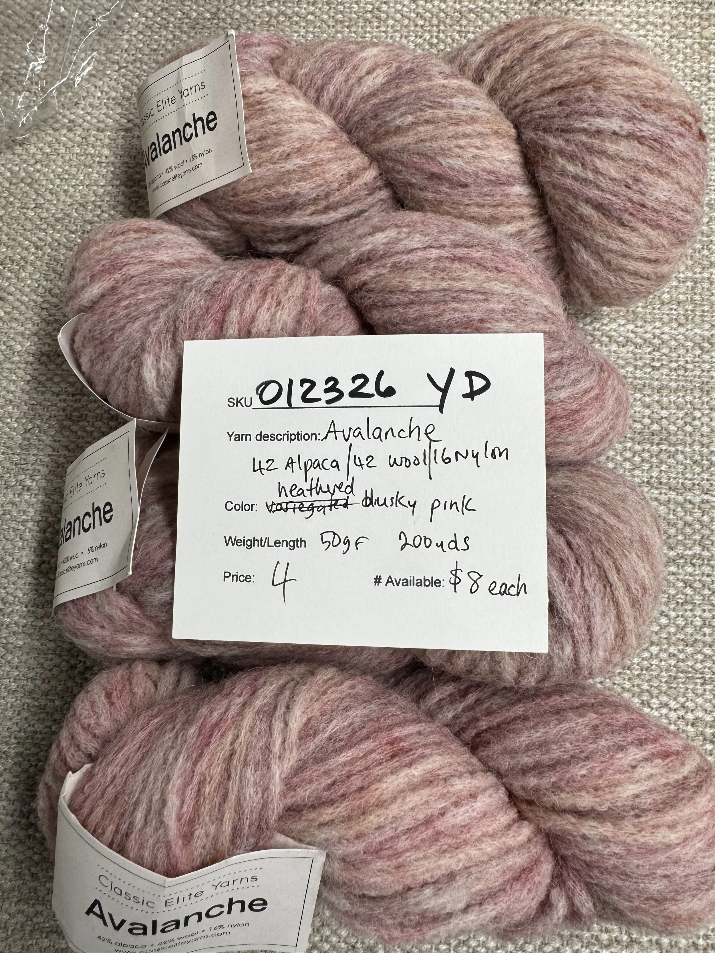 012326-Y-D Avalanche alpaca/wool/nylon, pink, 50g, 200yd, 4 available
