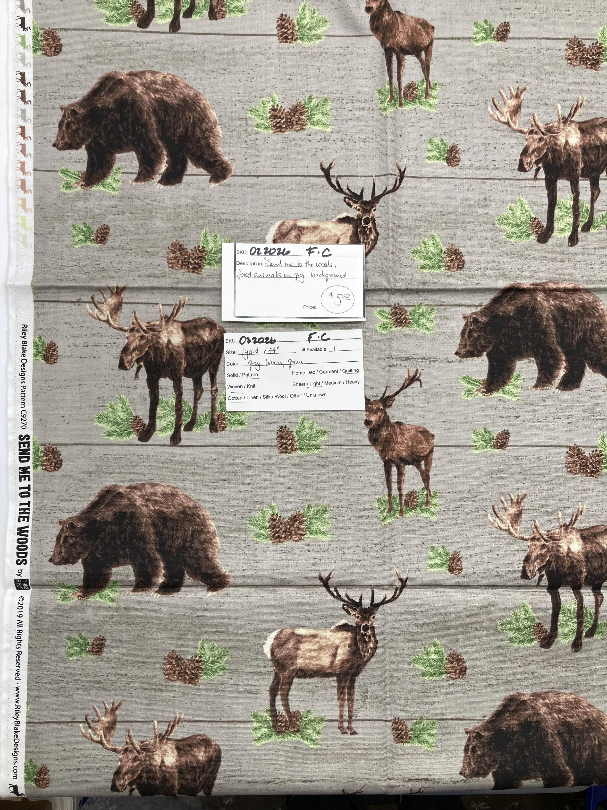 022026-F-C Forest animals on grey; Cotton; 1 yd x 44"