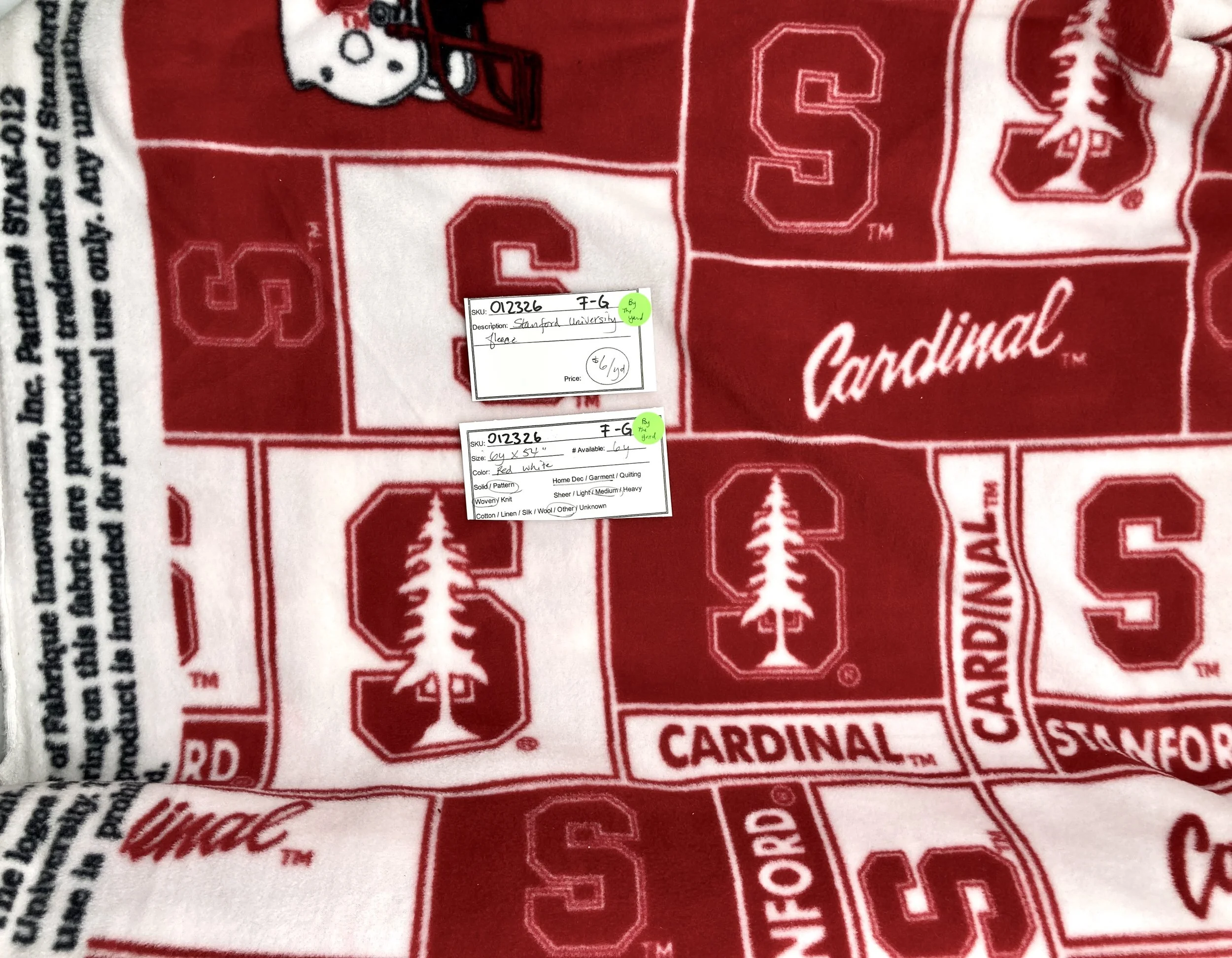 012326-F-G Stanford University Fleece; 54"; by the yd