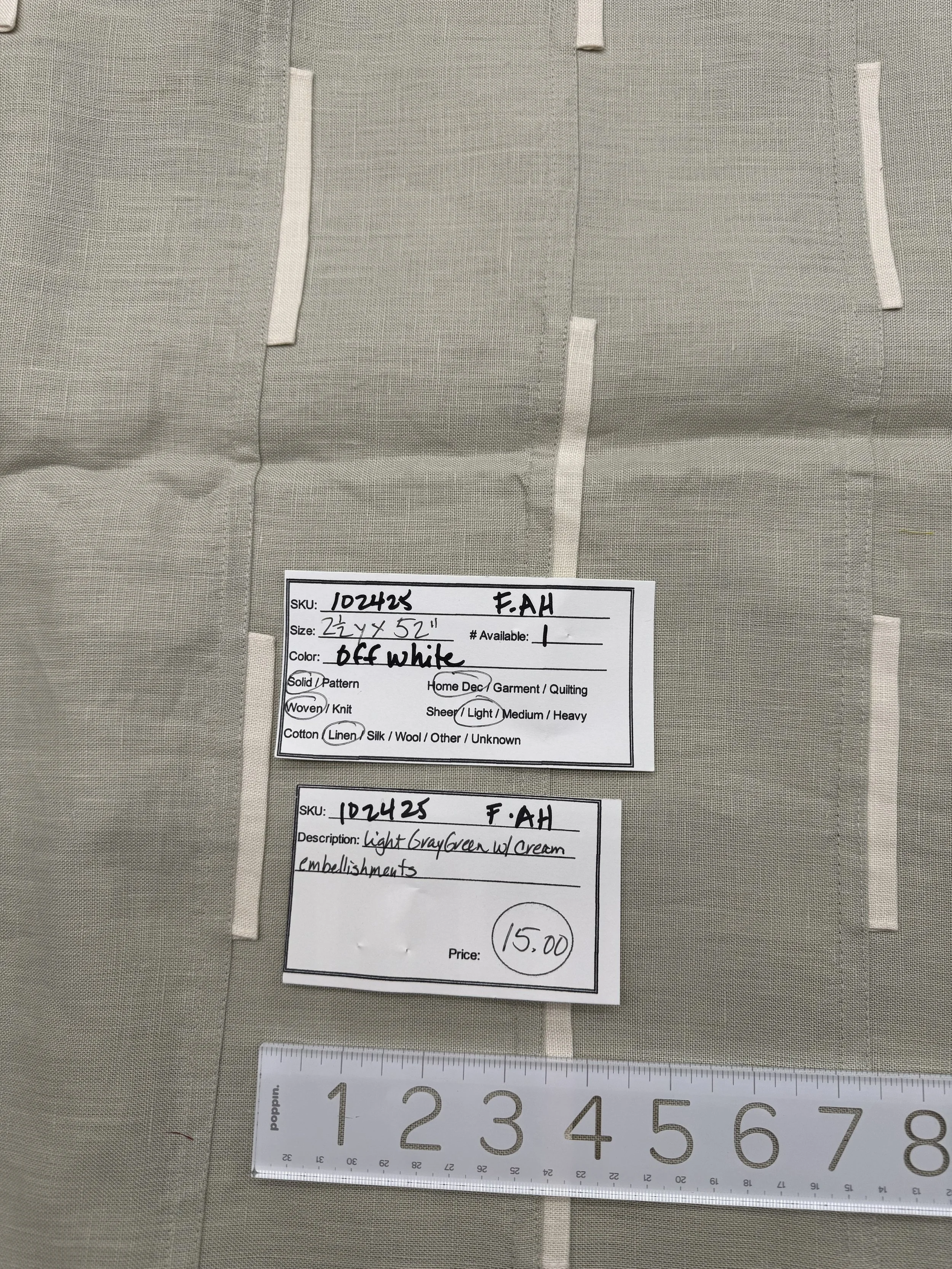 102425-F-AH Cream embellishments; Linen; 2 1/2 yds x 52"