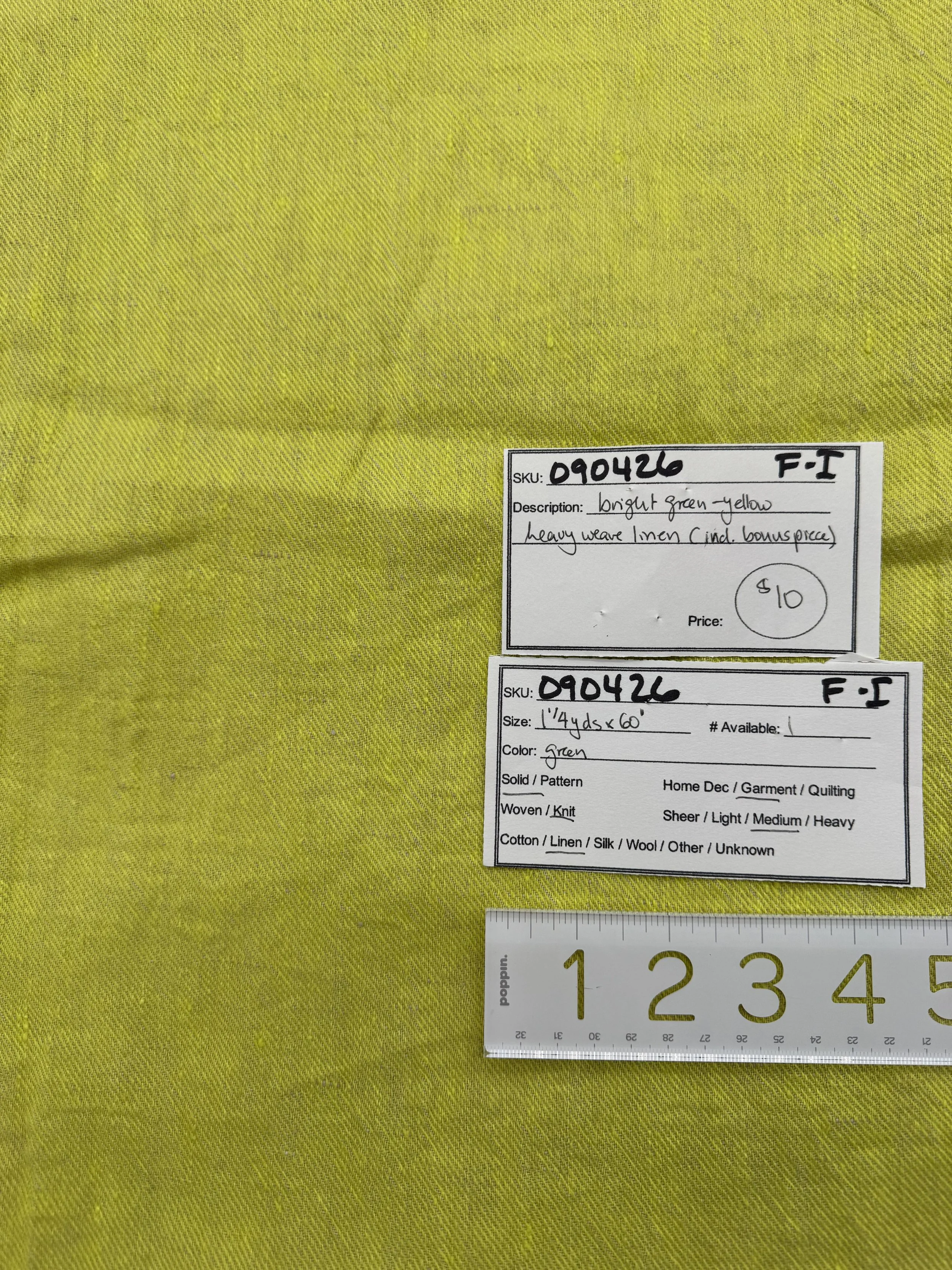 090426-F-I Bright yellow-green on heavy weave linen; 1 1/4 yd x 60"