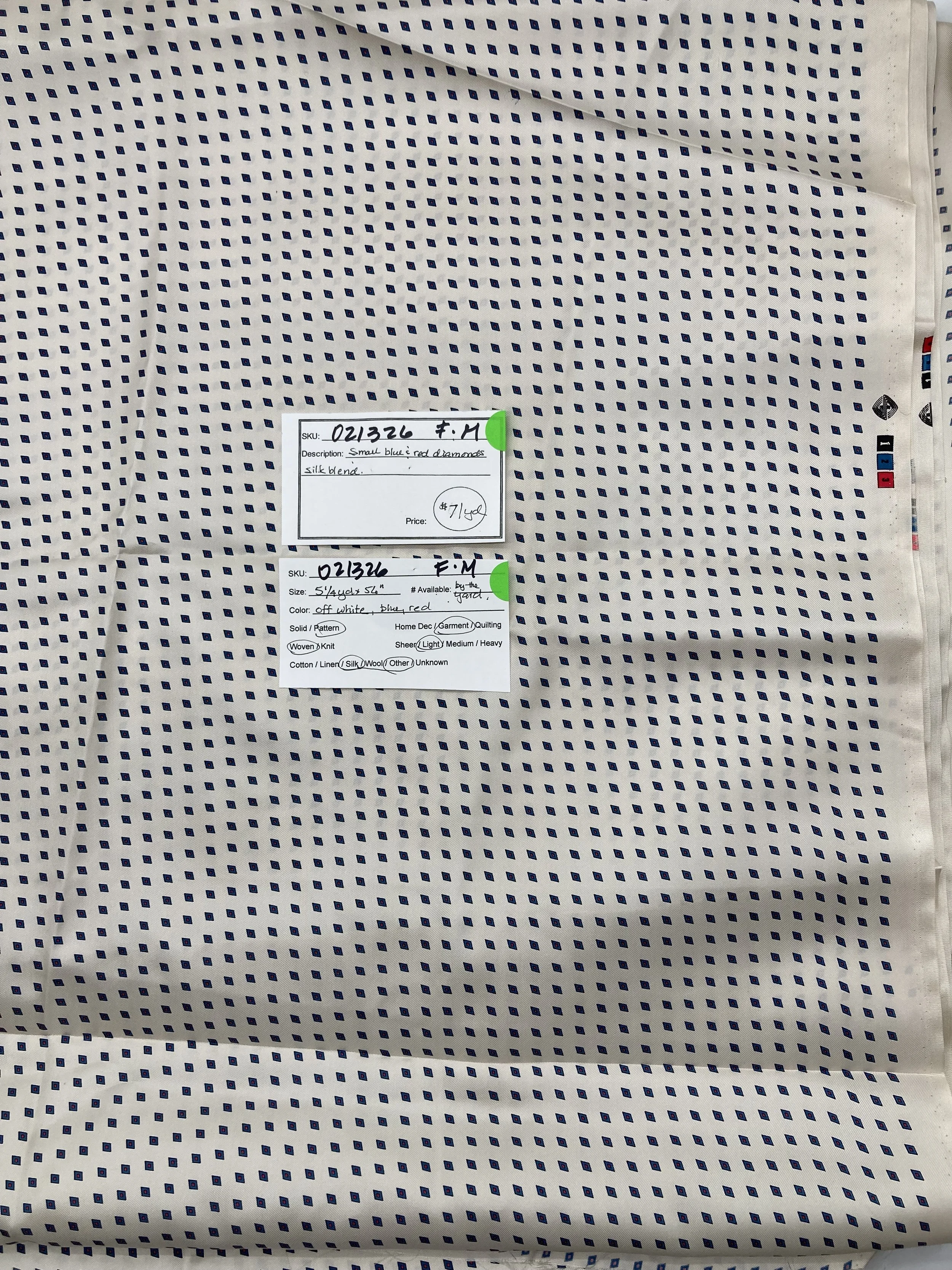 021326-F-M Blue and red diamonds; Silk blend; 56"; by the yd