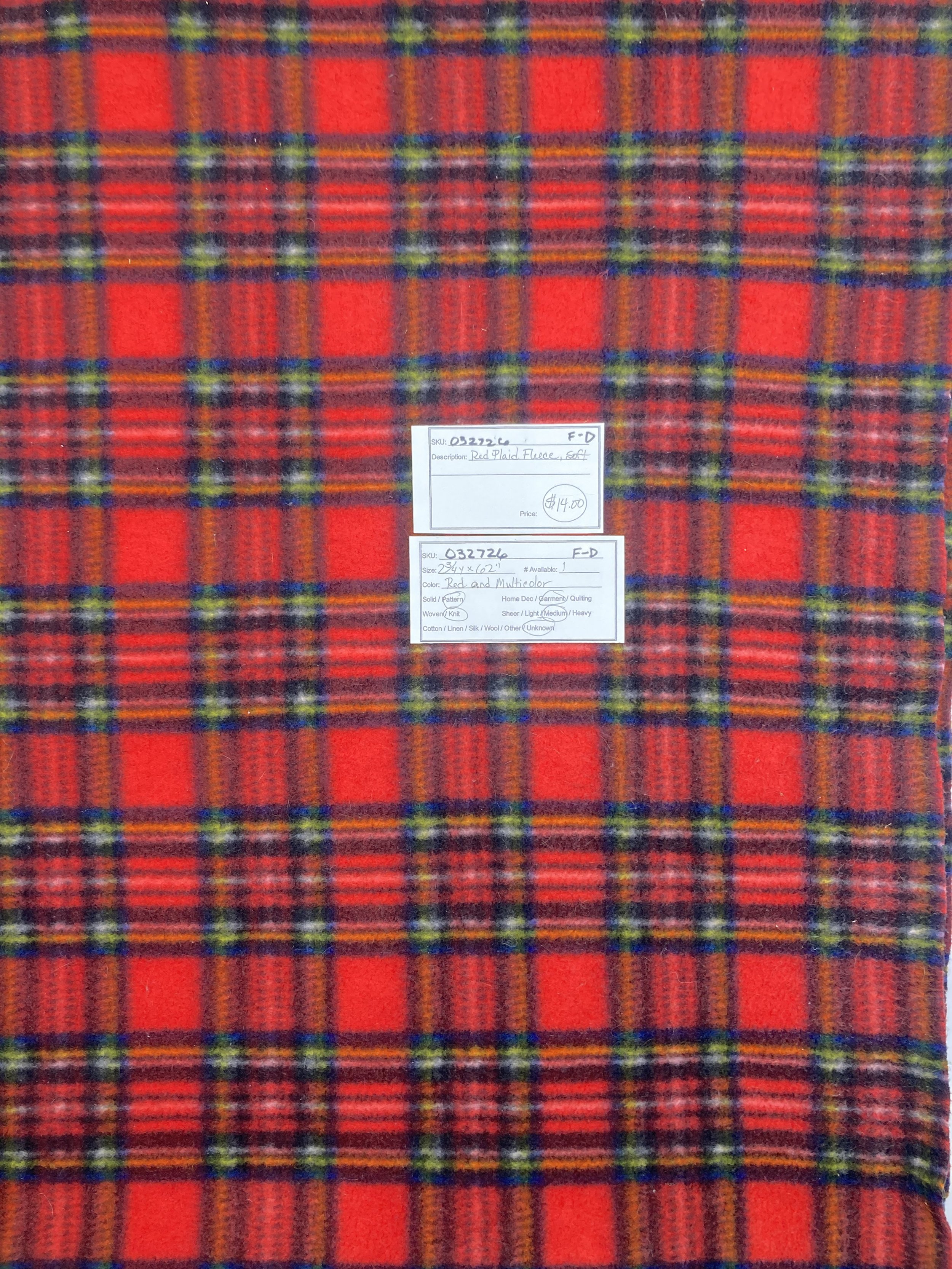 032726-F-D Red plaid fleece; 2 3/4 yds x 62"