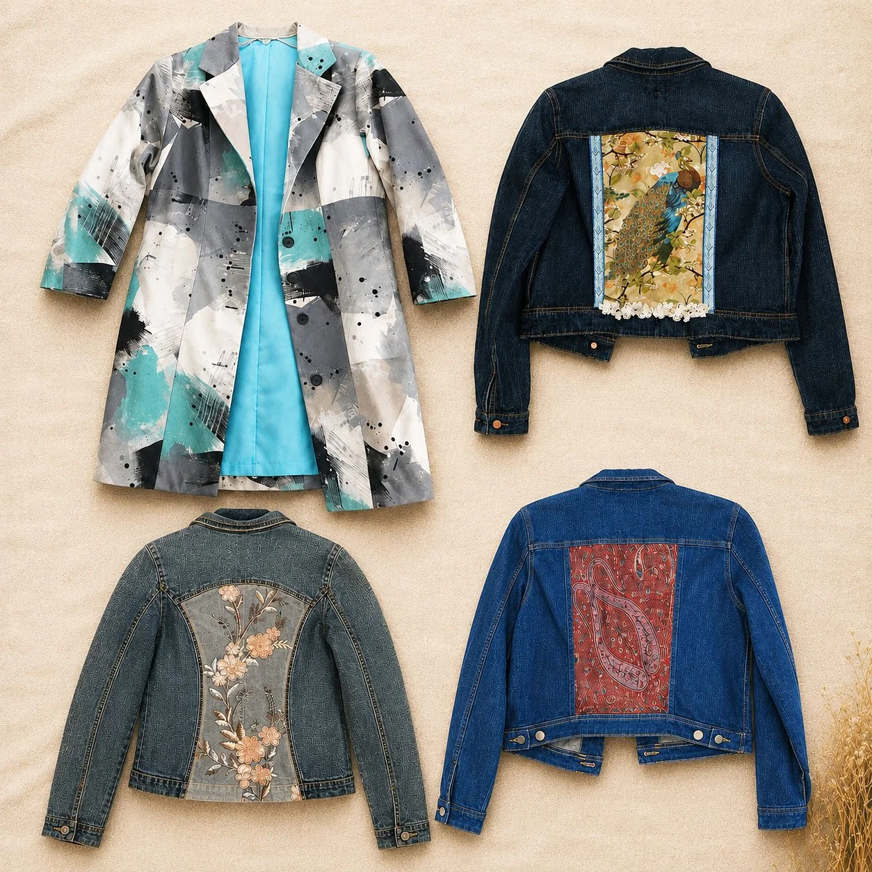 Jackets embellished with upcycled materials