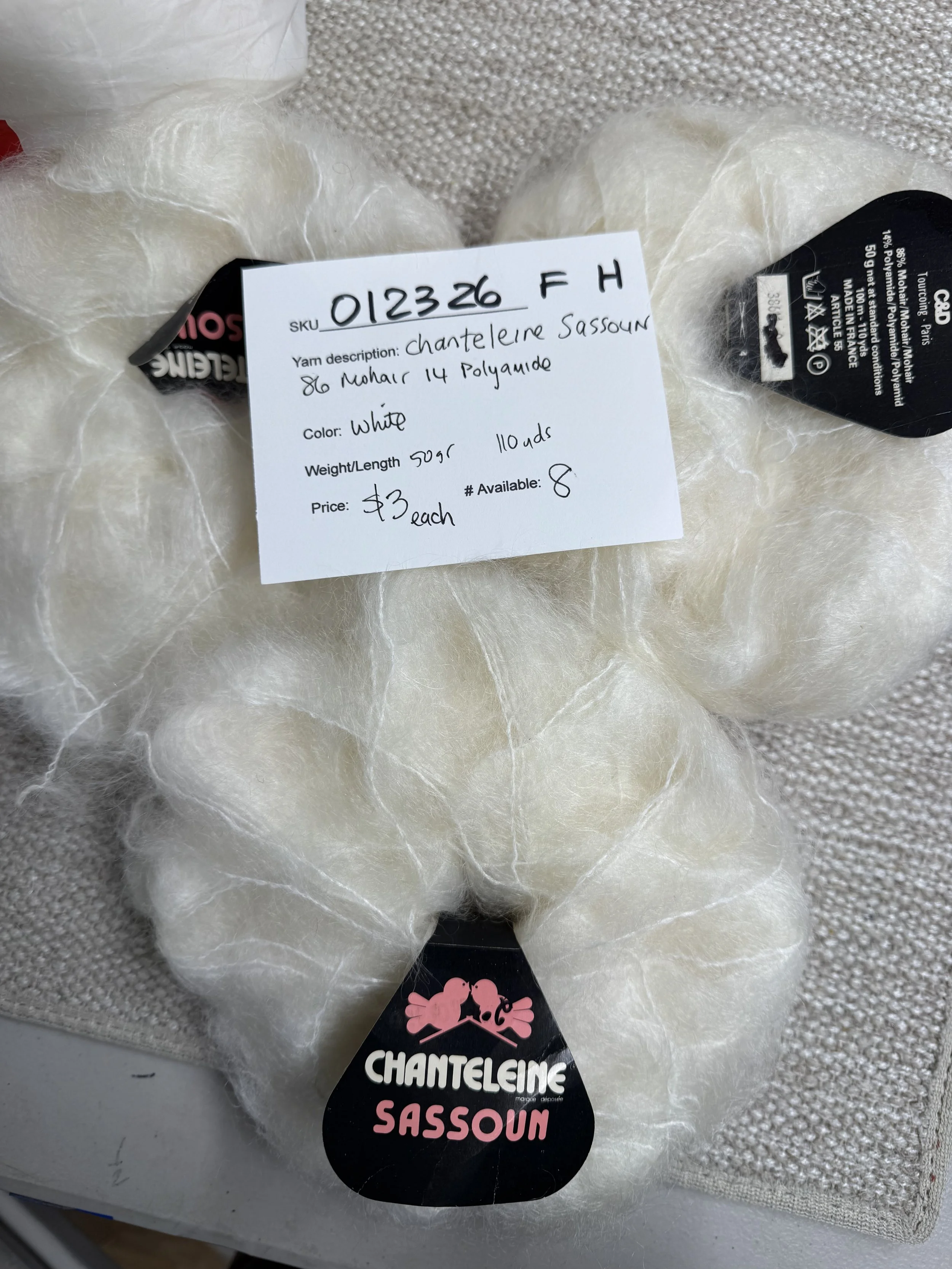012326-Y-H Chanteleine Sassoum 86/14 mohair/poly, white, 50g, 110yd, 8 avail