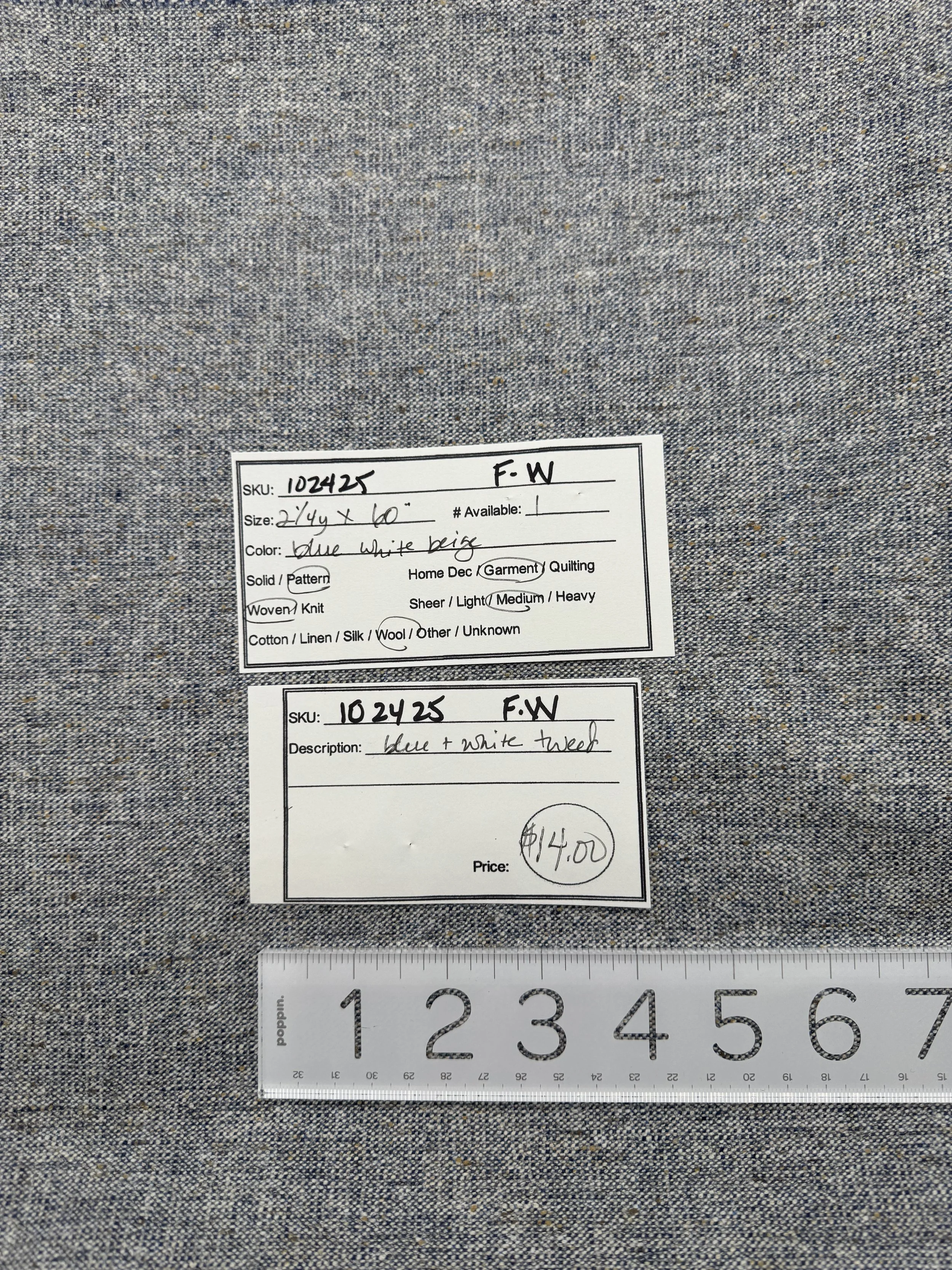 102425-F-W Blue and white tweed; Wool; 2 1/4 yds x 60"