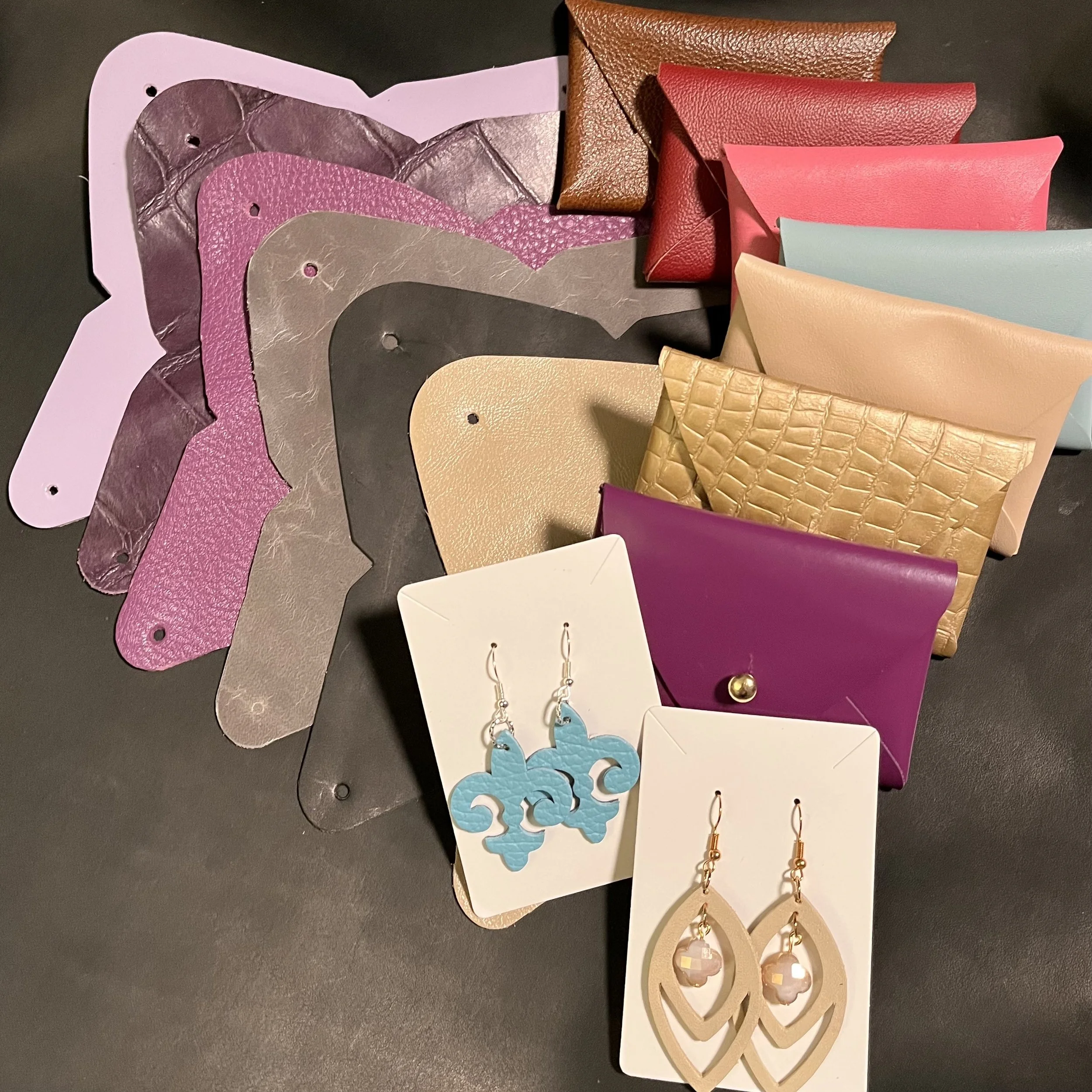 Leather card wallets and earrings