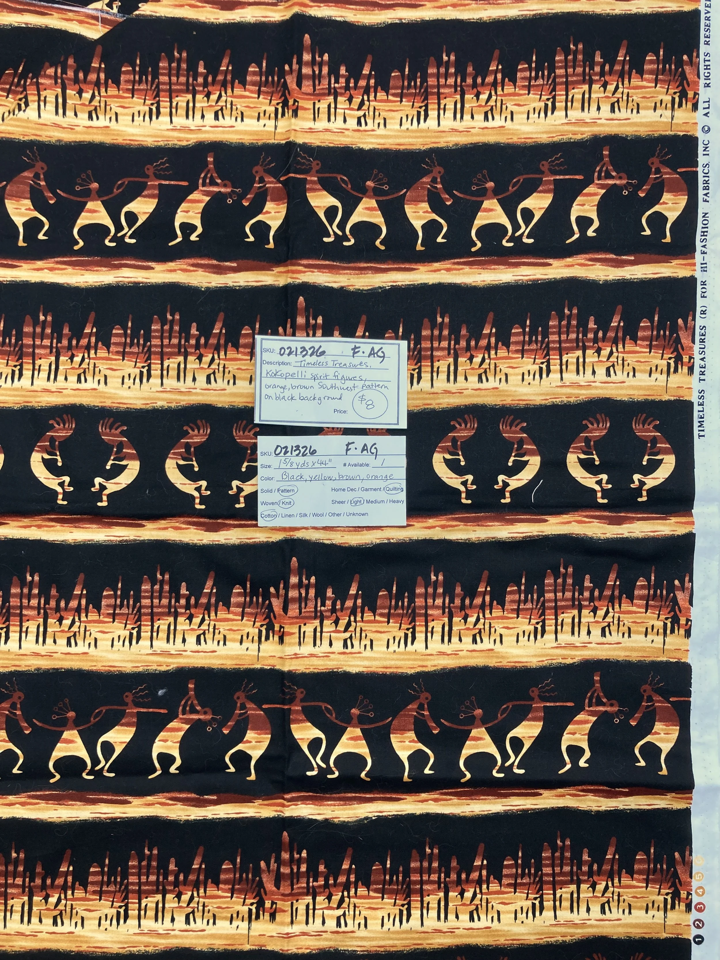 021326-F-AG Kokopelli spirit figures; Cotton; 1 5/8 yds x 44"