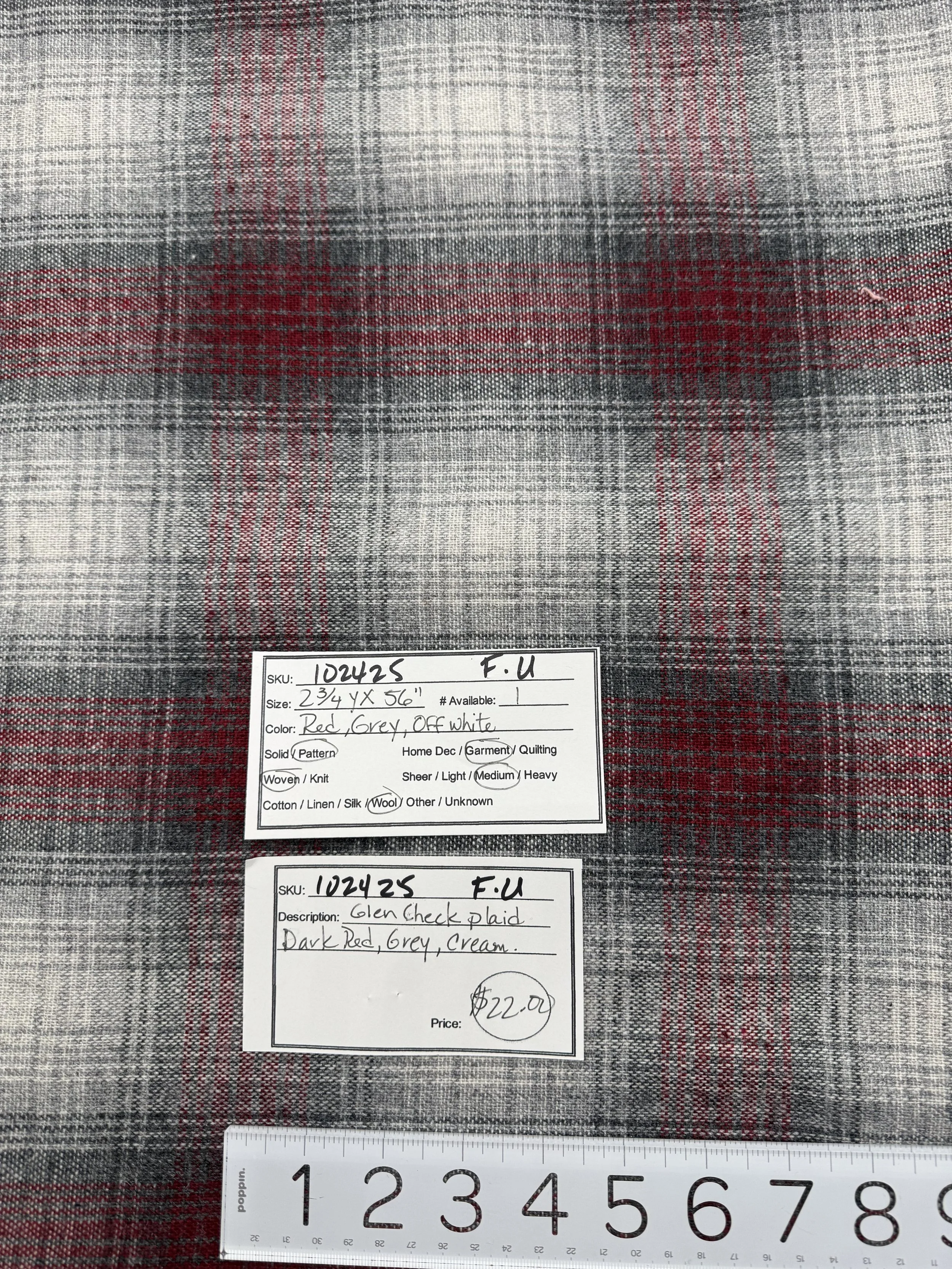 102425-F-U Glen check plaid; Wool; 2 3/4 yds x 56;