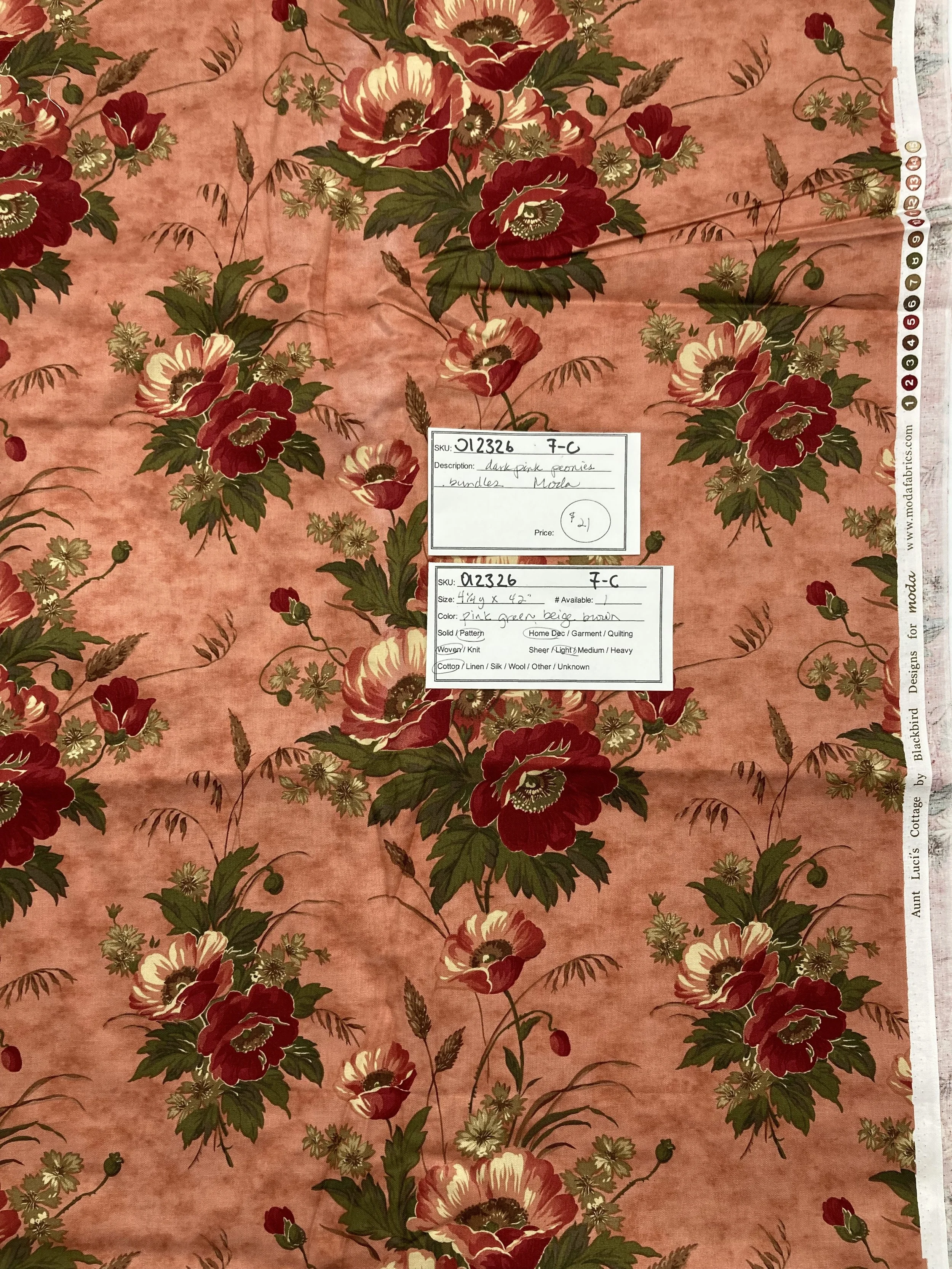 012326-F-C Bundles of dark pink peonies; Cotton; 4 1/4 yds x 42"