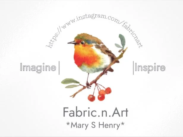 Fabric.n.Art logo with watercolor bird on branch with words "Imagine," "Inspire," and "https://www.instagram.com/fabricnart/"