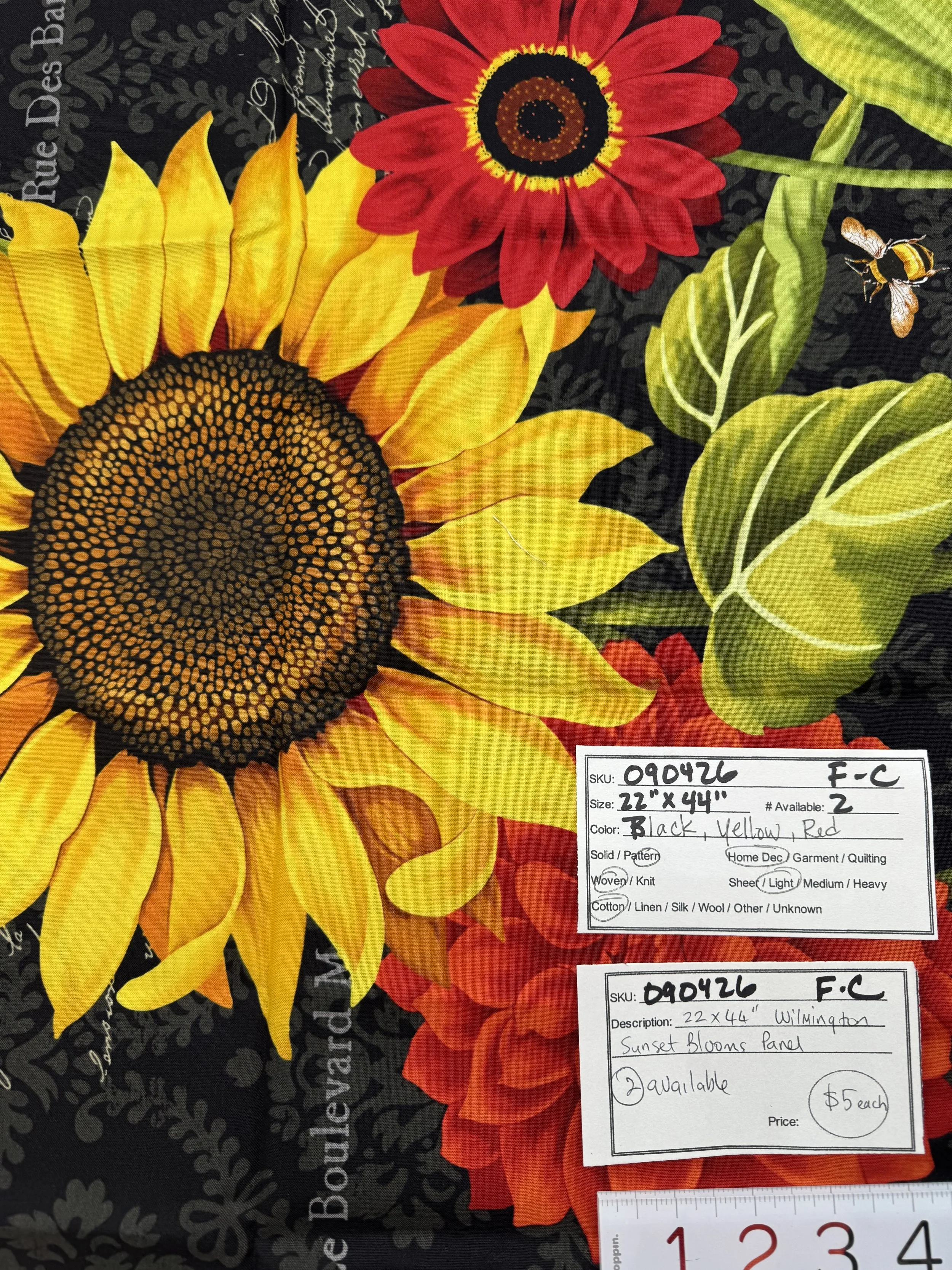 090426-F-C Yellow sunflower and red blooms on black, Cotton; 22"x44"