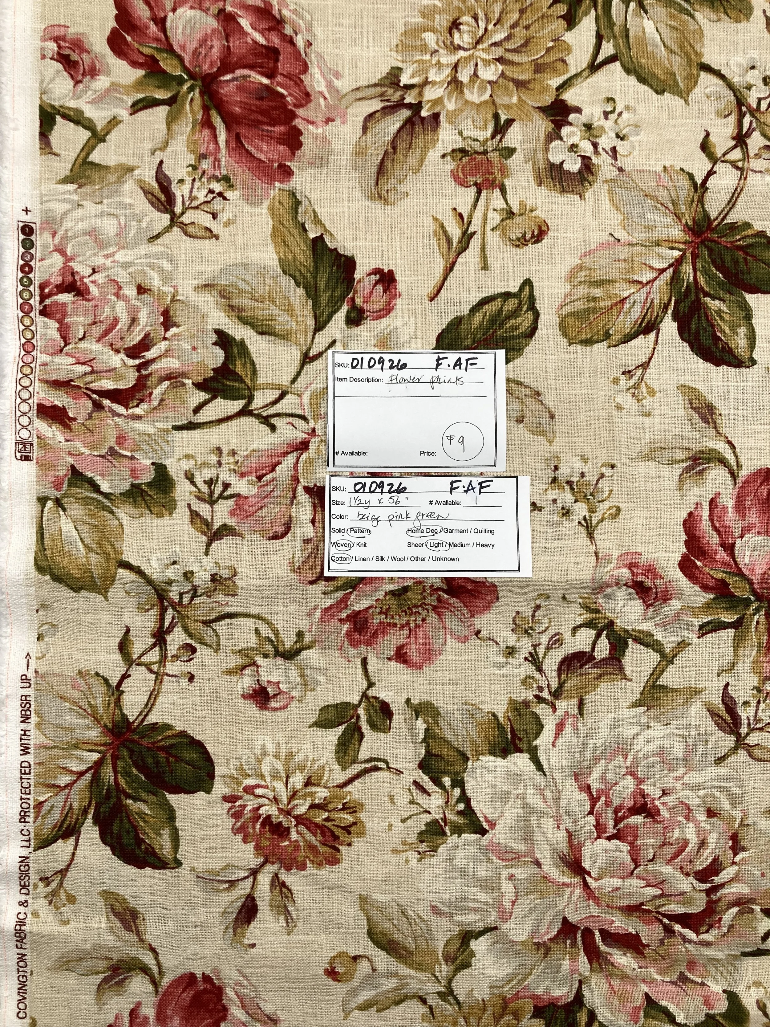 010926-F-AF Large pink and beige flowers on beige, Cotton; 1 1/2 yd x 56"