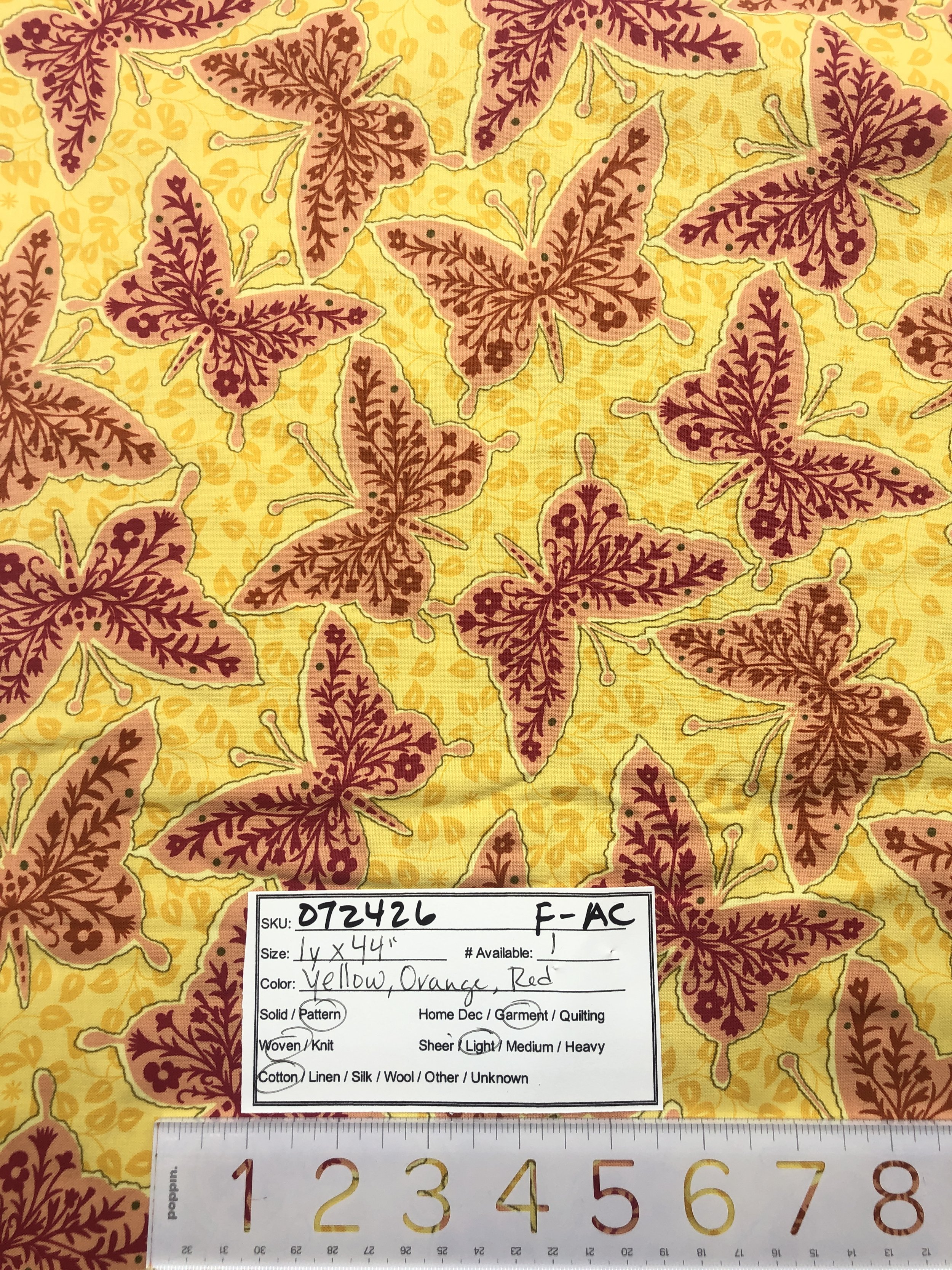 072426-F-AC Ornate butterflies on yellow; Cotton; 1 yd x 44"