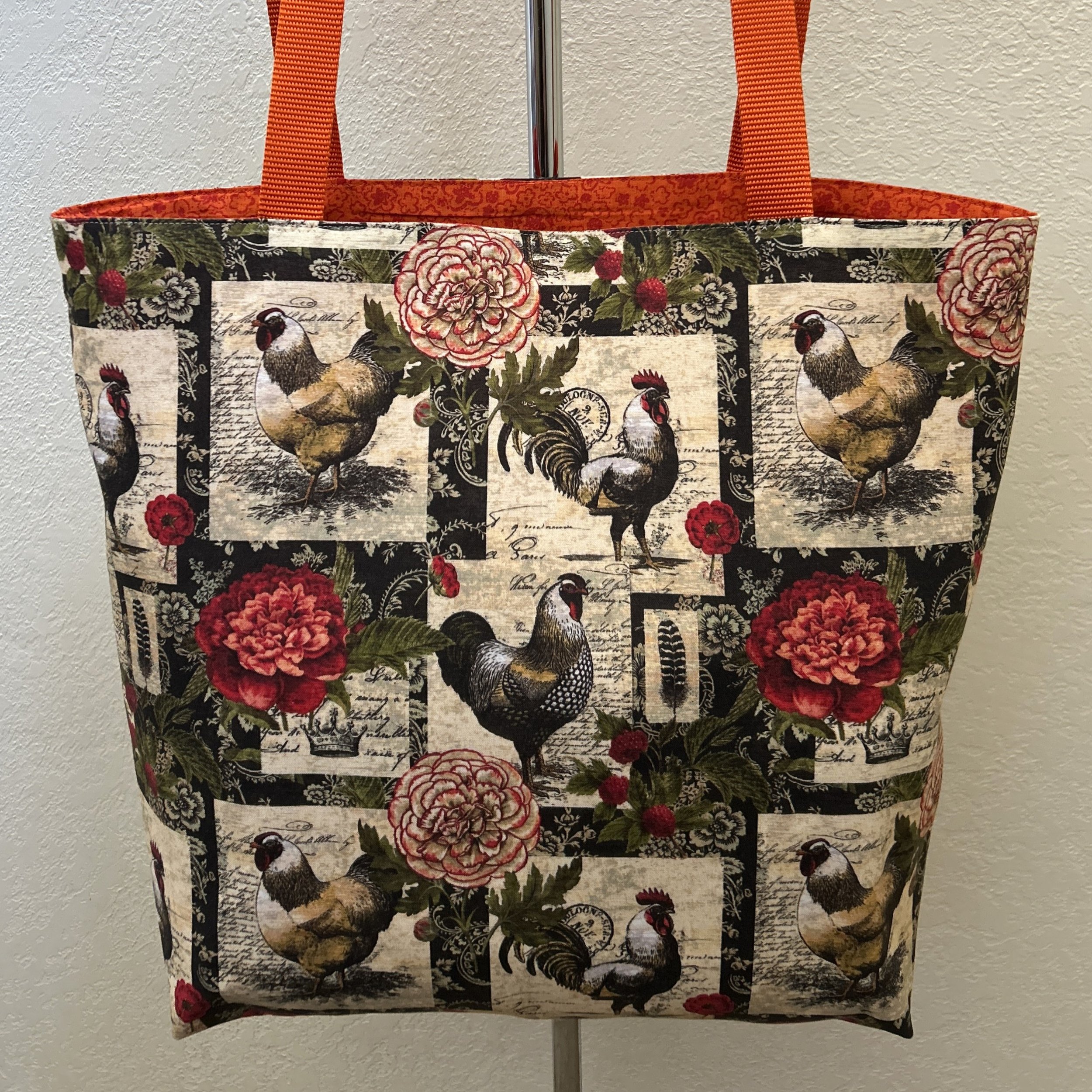 Tote bag with chickens and flower graphics