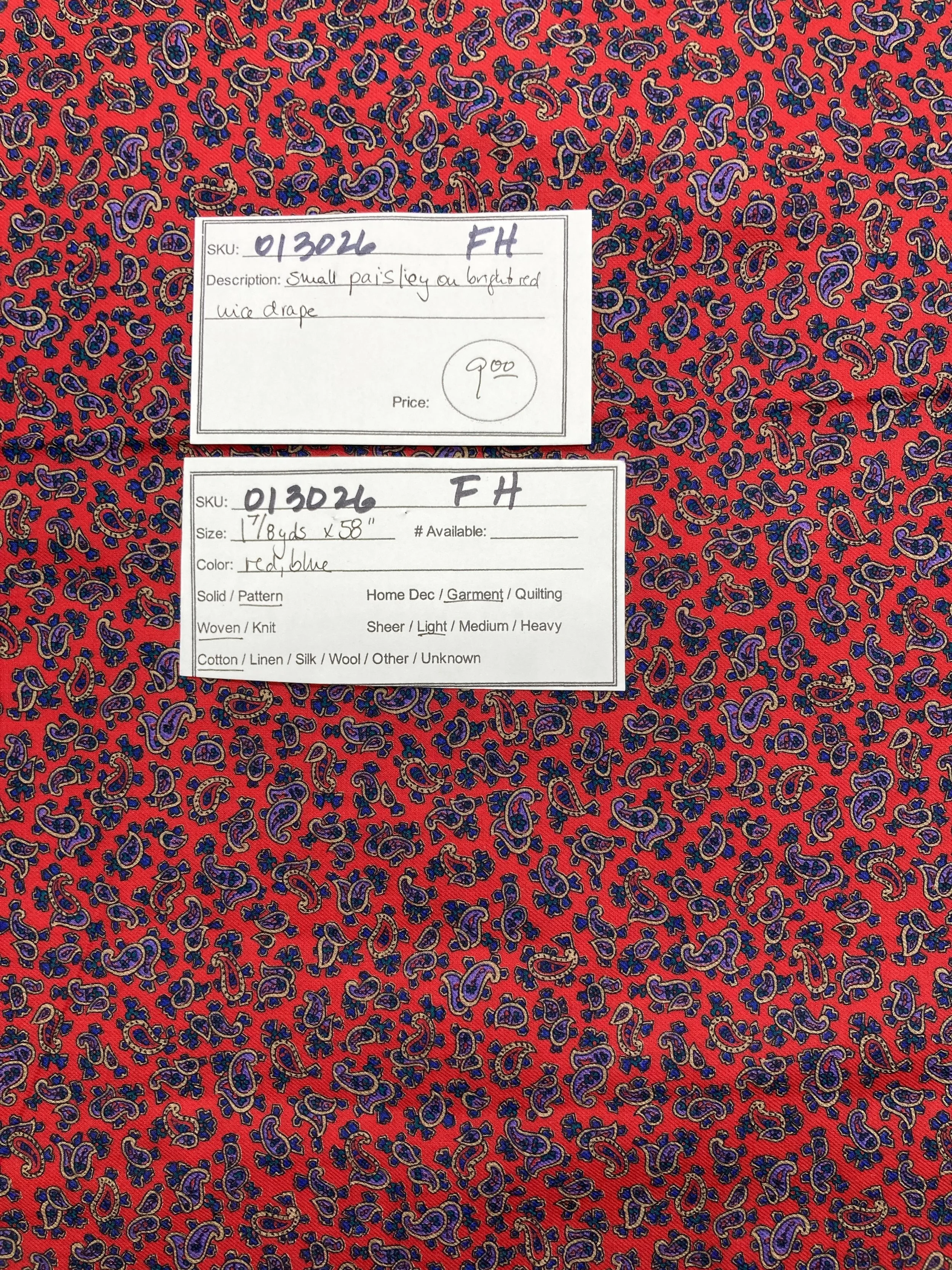 013026-F-H Small paisley on bright red: Cotton; 1 7/8 yds x 58"