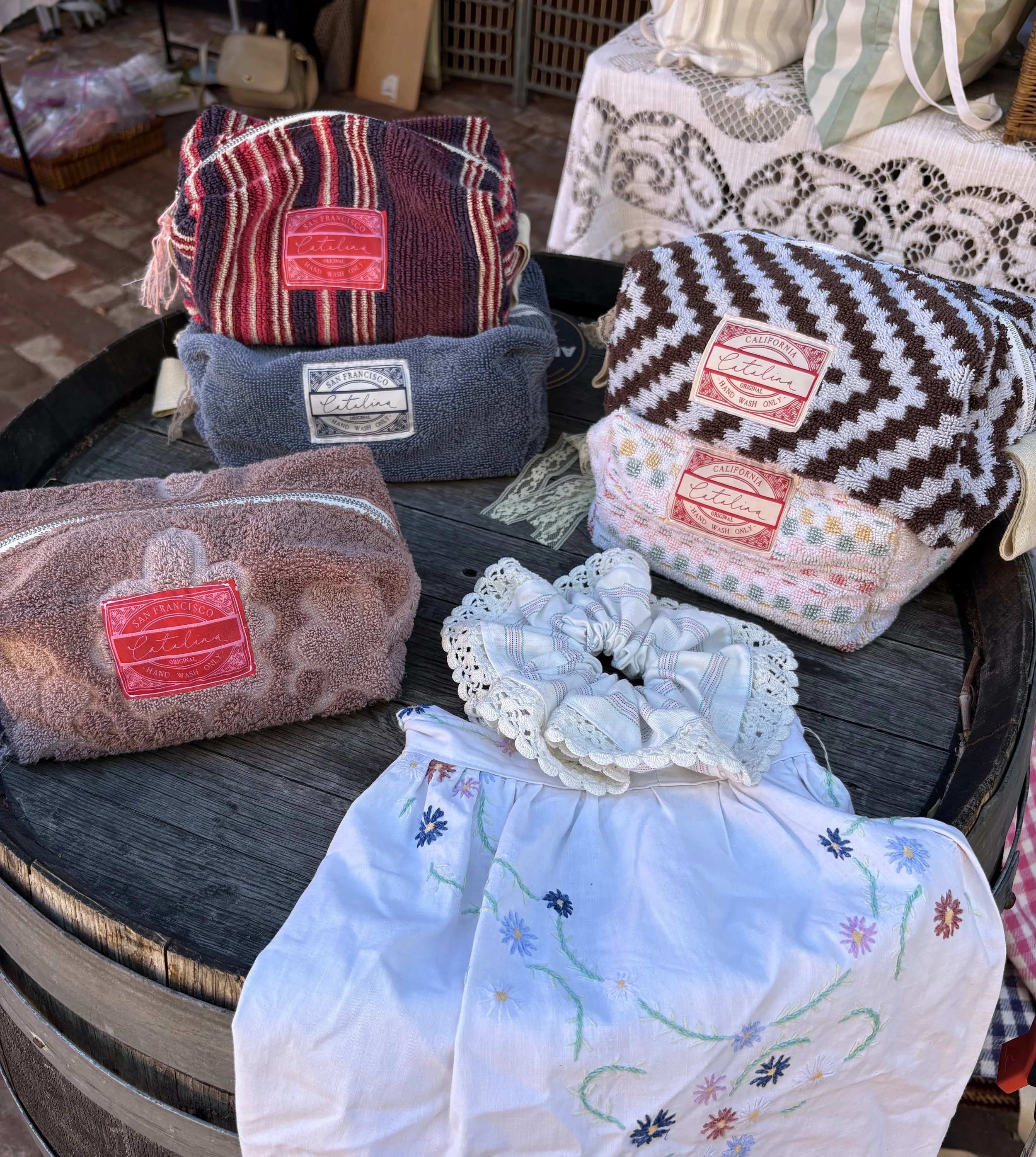 Array of zipper pouches and scrunchie