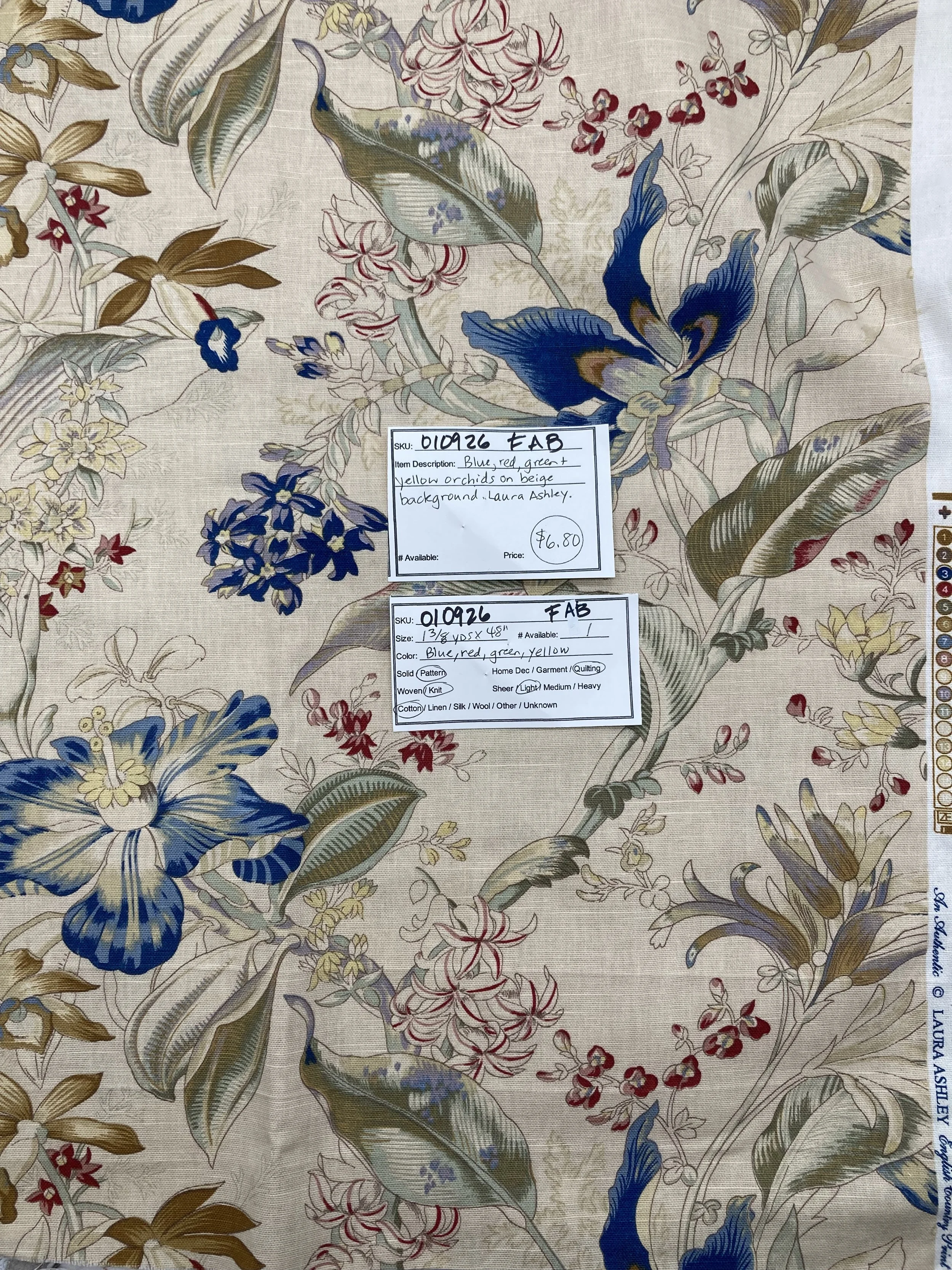 010926-F-AB Blue orchids on beige, Cotton; 1 3/8 yd x 48"