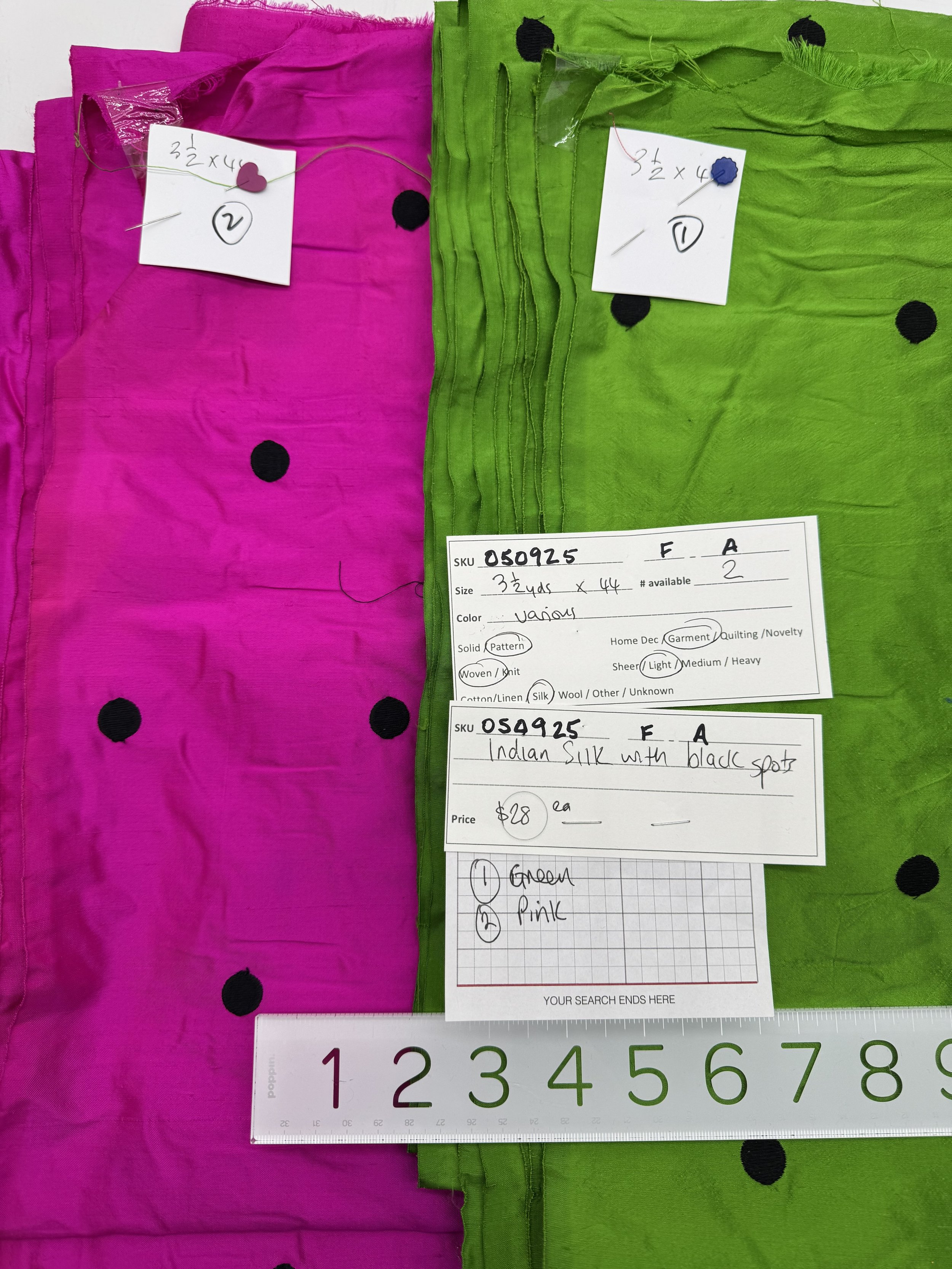 050925-F-A Indian Silk with Black Spots, green or pink, Variants; 3 1/2 yd x 44"