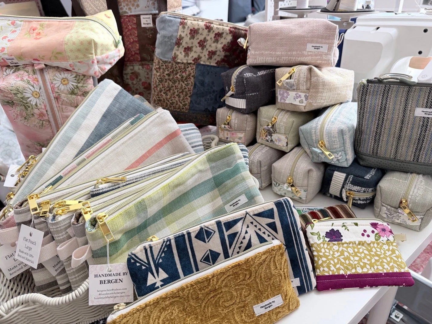 Tabletop display of handmade zipper pouches and pencil pouches