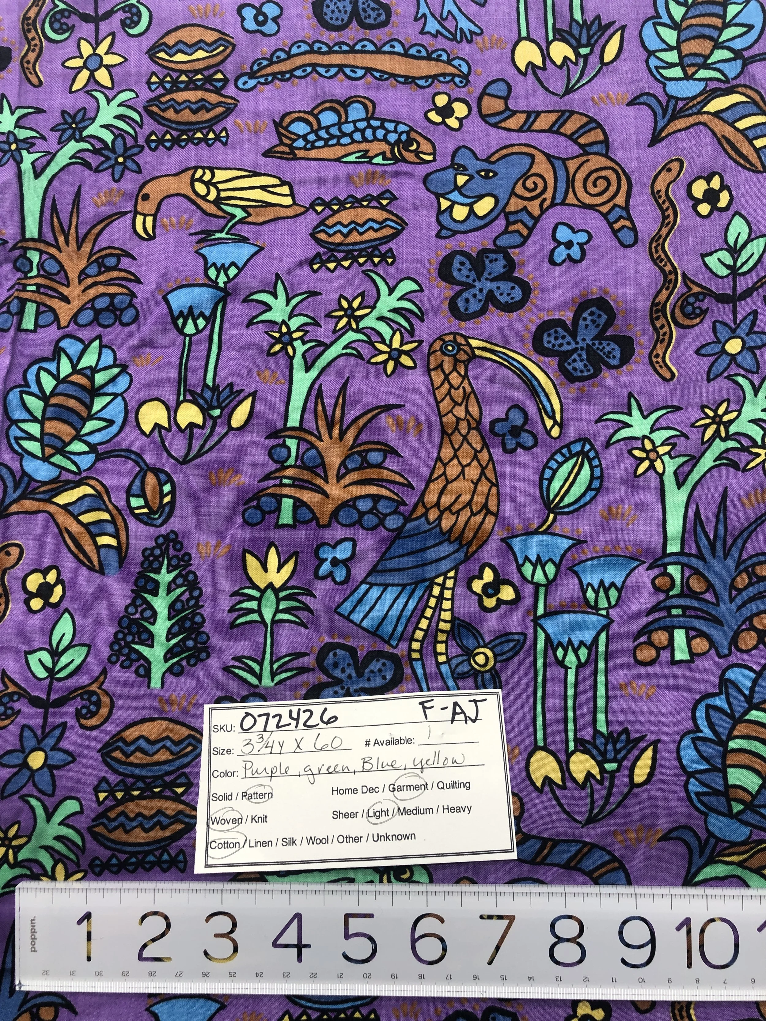 072426-F-AJ Cheerful jungle life on purple; Cotton; 3 3/4 yds x 60"