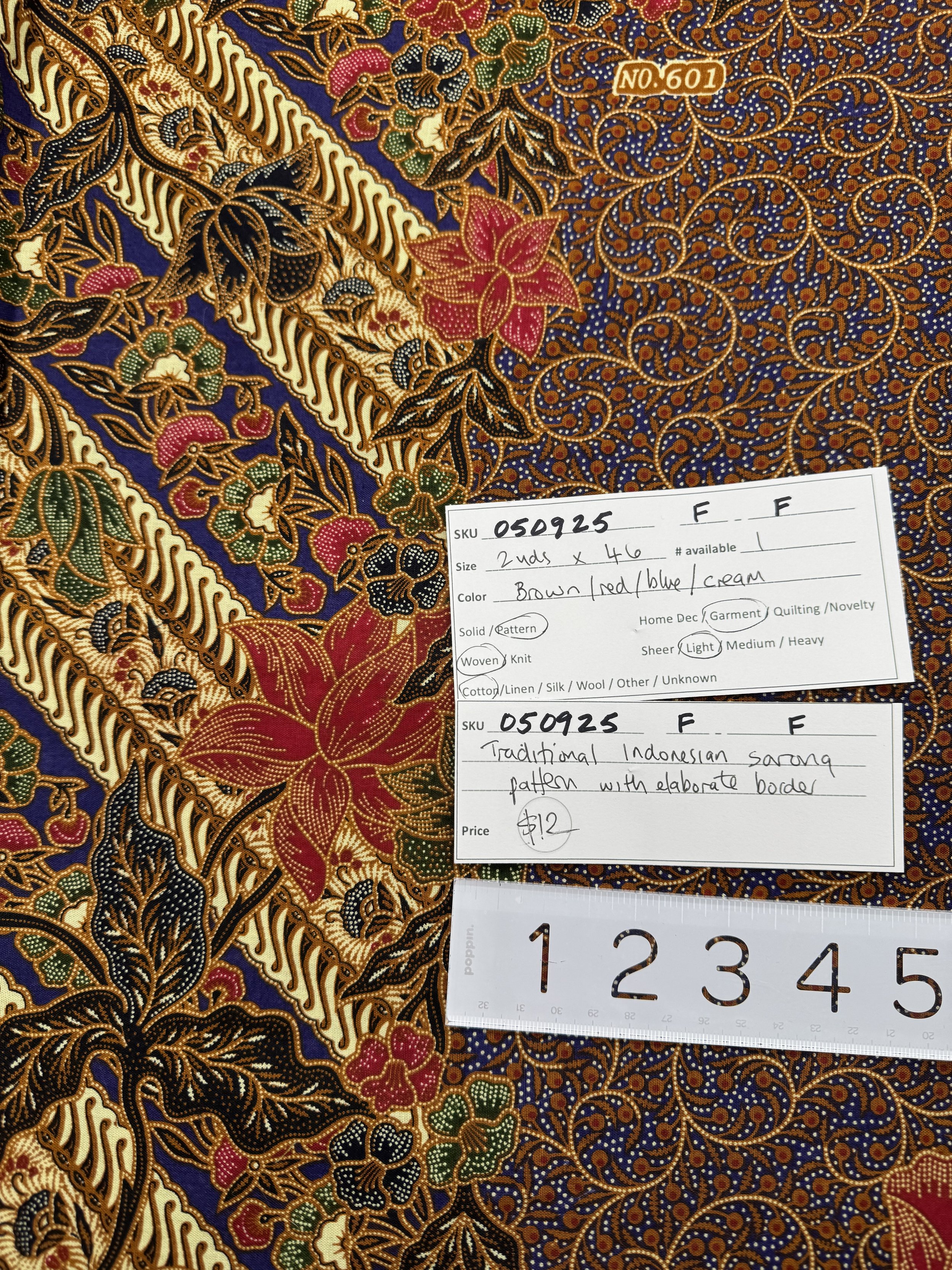050925-F-F Traditional Indonesian Sarong, Brown/Red/Blue, Cotton; 2 yd x 46"