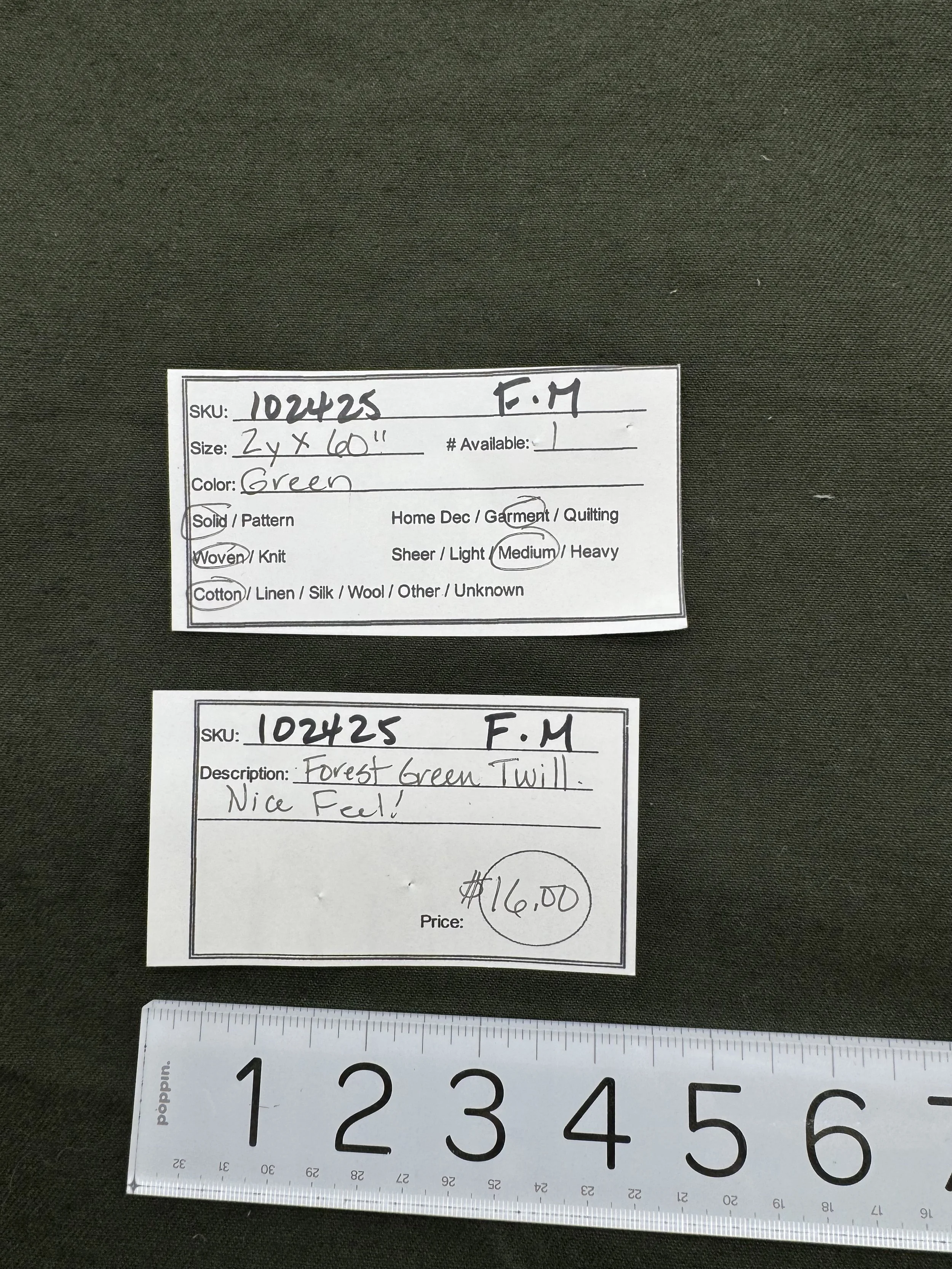 102425-F-M Forest green cotton twill; 2 yds x 60"