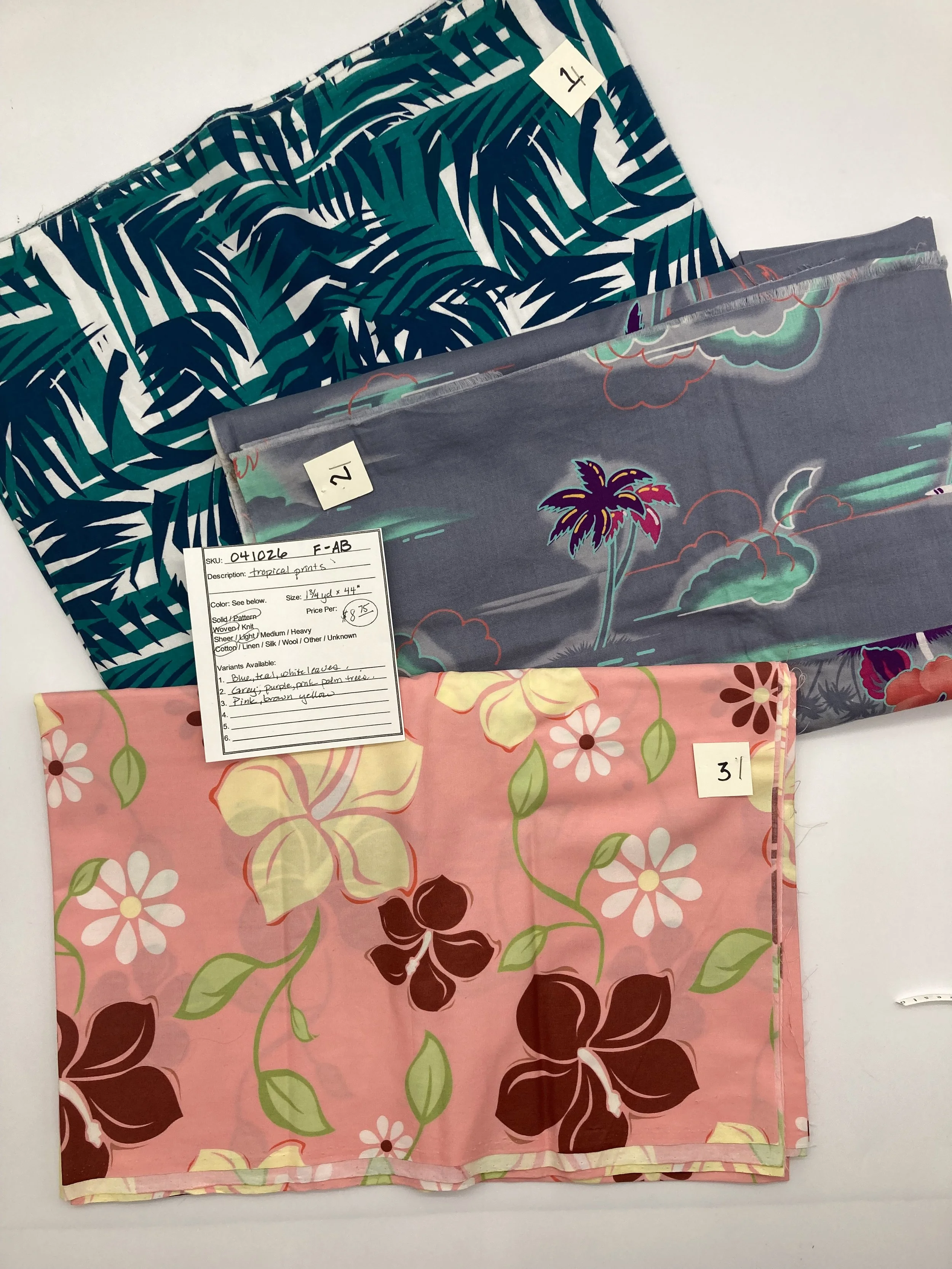 041026-F-AB Tropical prints; Cotton; 1 3/4 yds x 44"; Variants