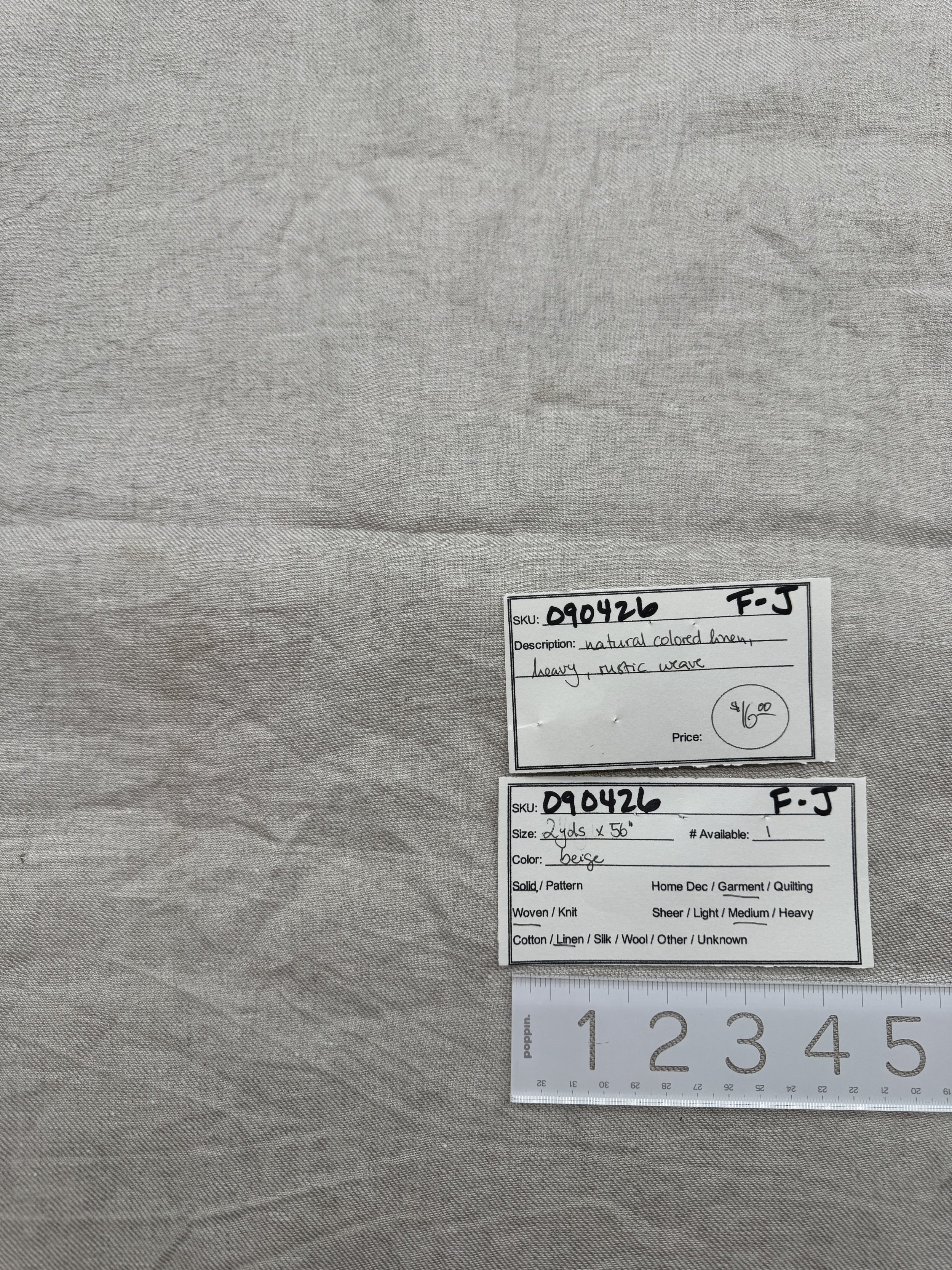 090426-F-J Natural colored linen with rustic weave; 2 yd x 56"