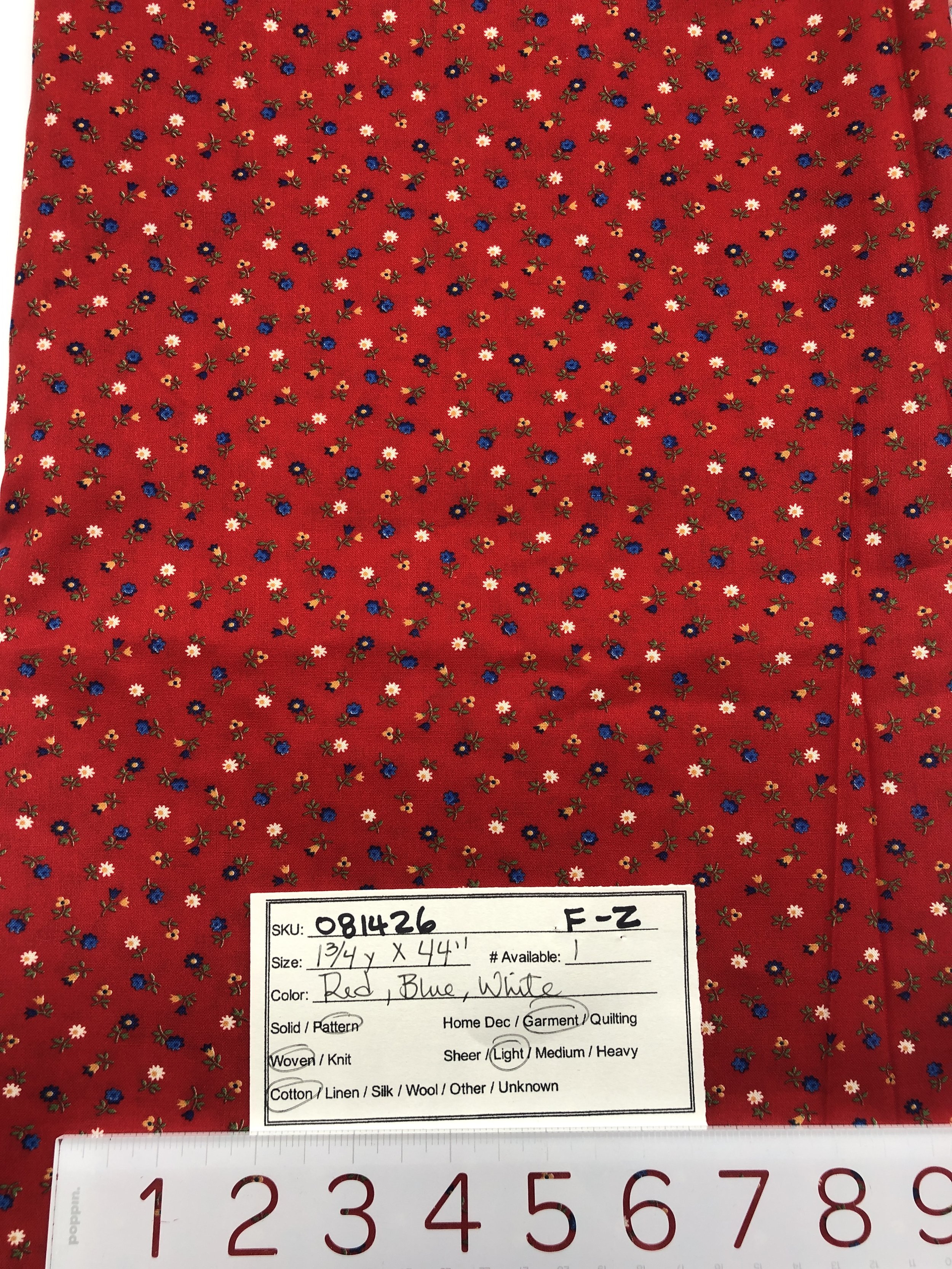 081426-F-Z Ditsy flower pattern on red; Cotton; 1 3/4 yds x 44"