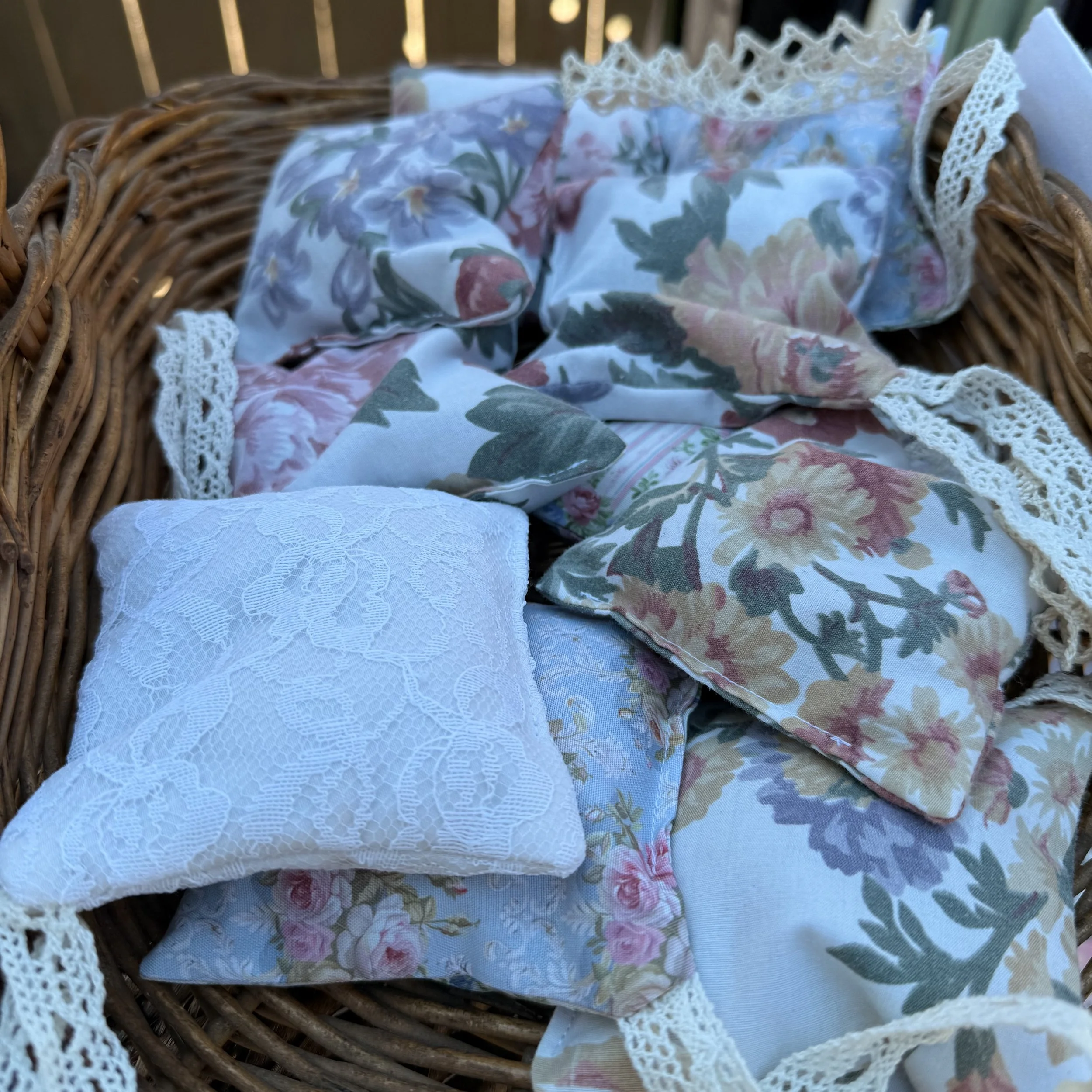 Basket containing lavender sachets