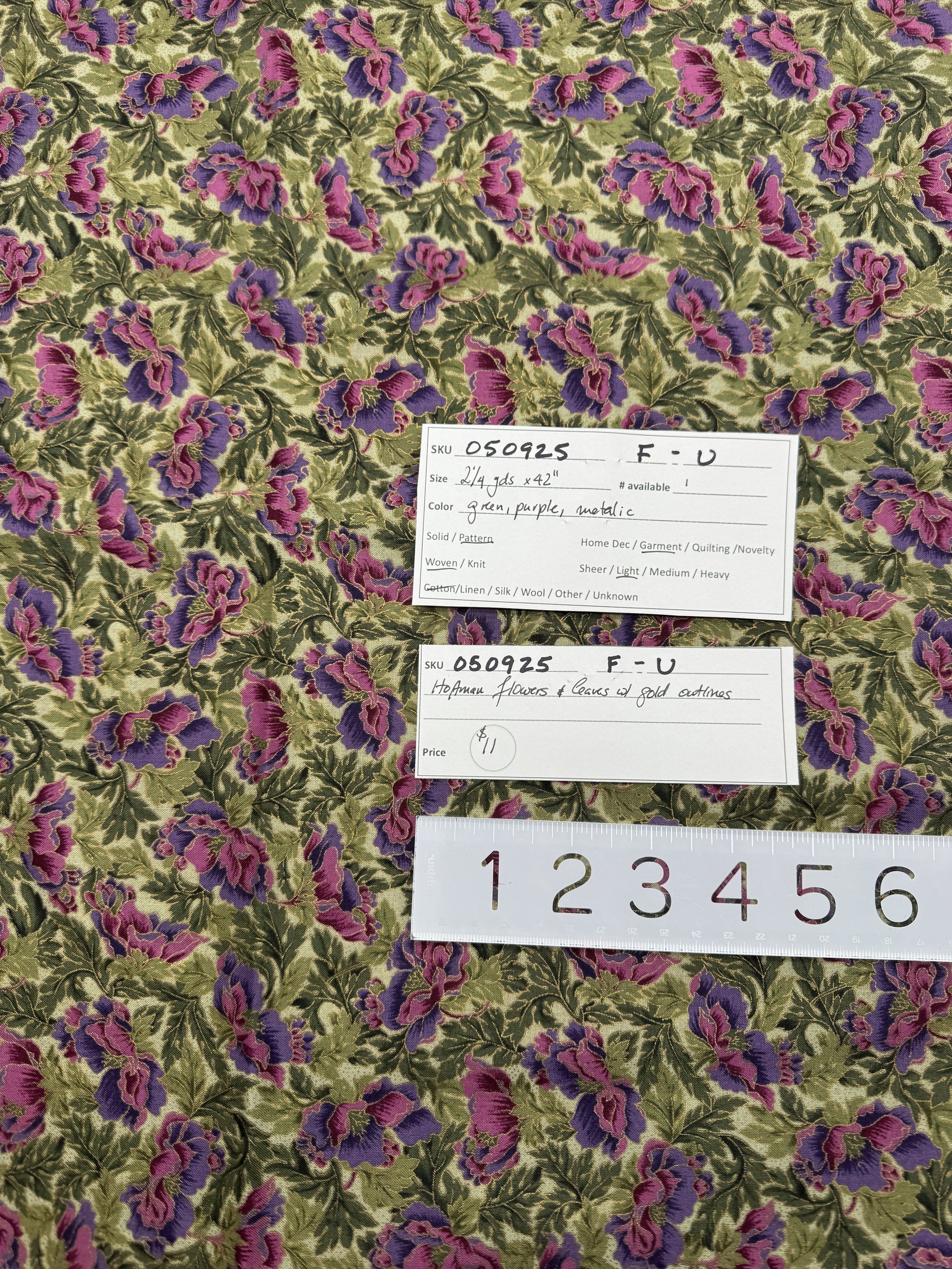 050925-F-U Purple, green & metallic gold floral, Cotton; 2 1/4 yd x 42"