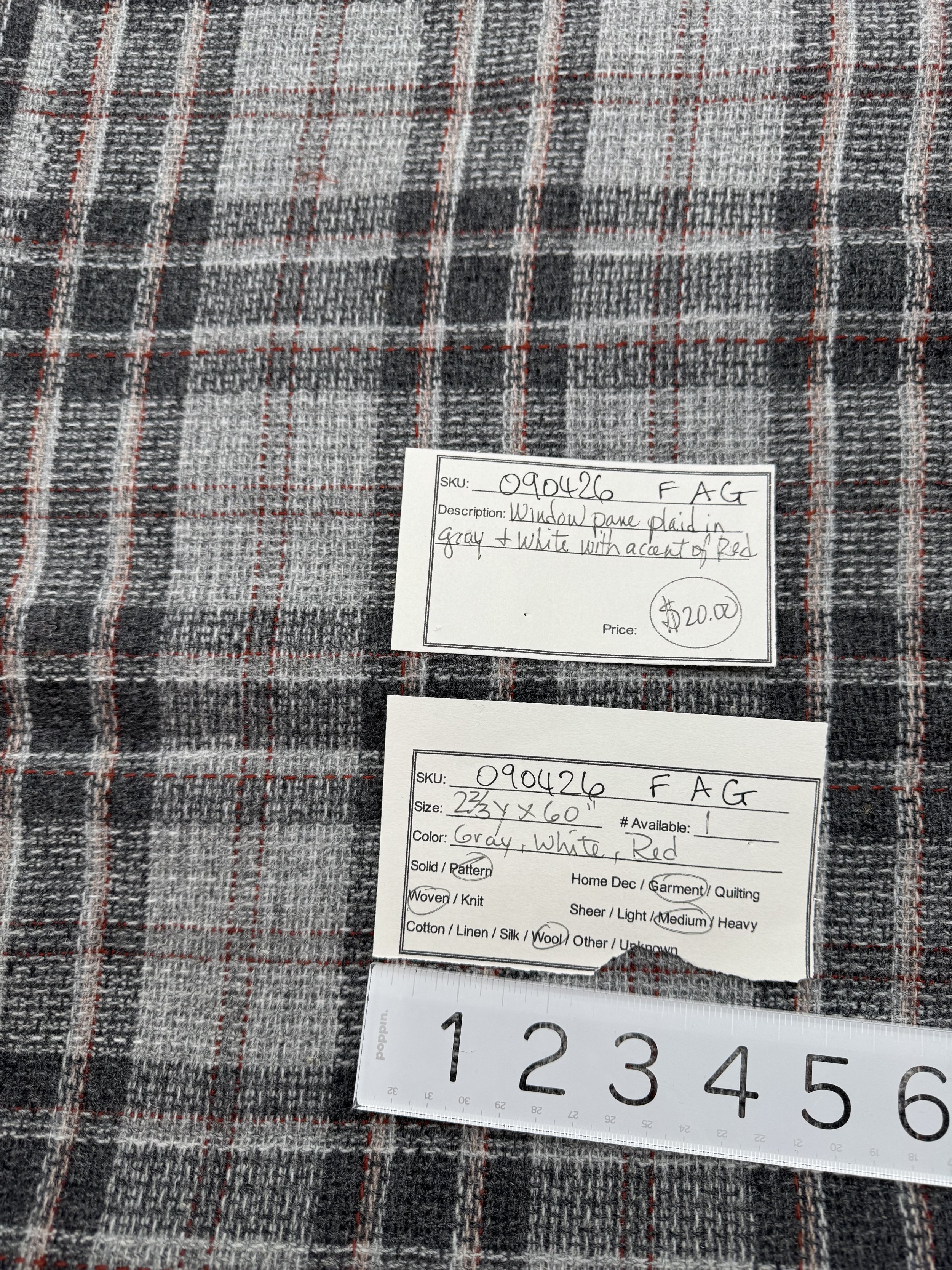 090426-F-AG Wool, Window pane plaid in grey & white; 2 2/3 yd x 60"