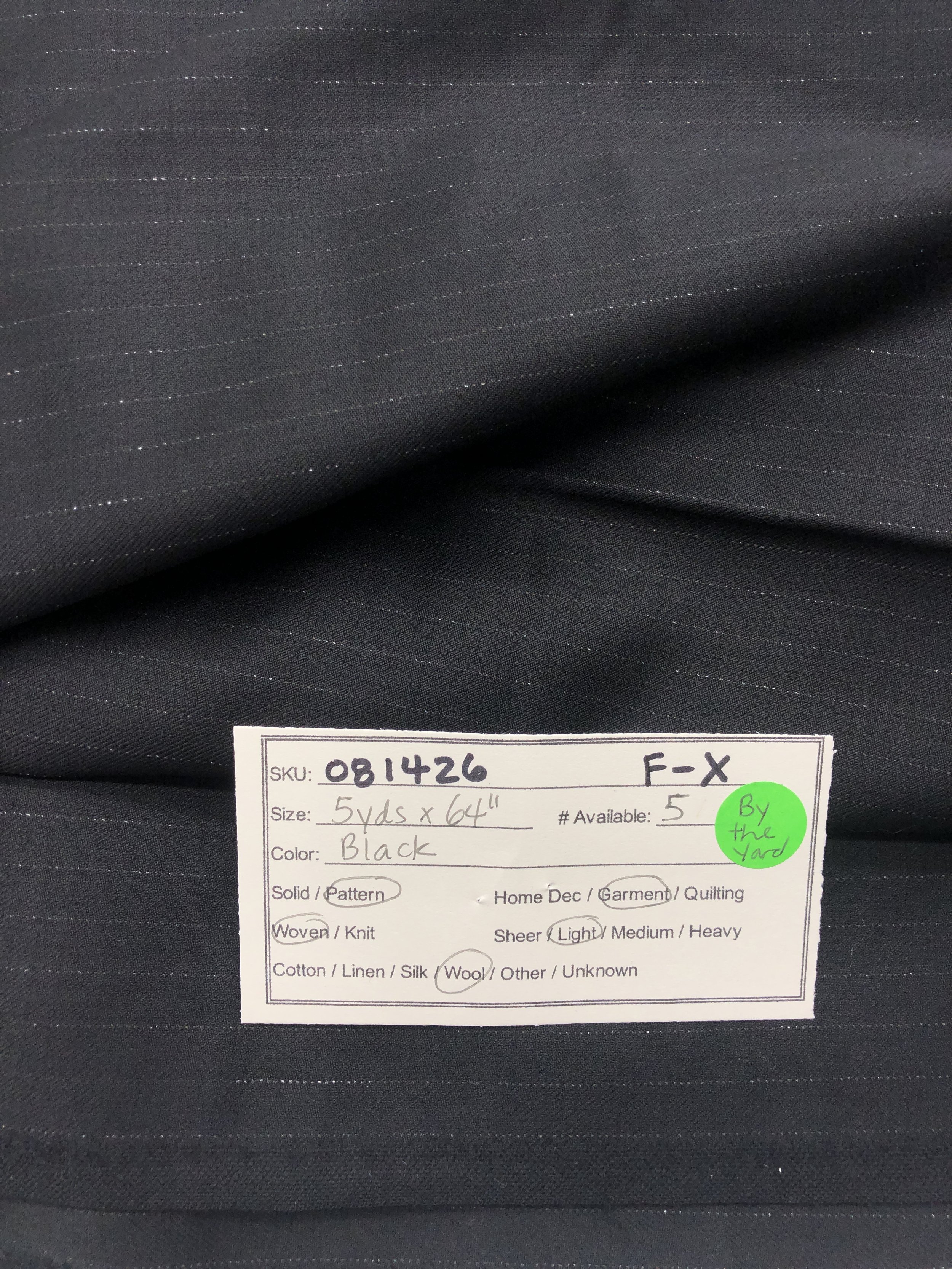 081426-F-X  Black pinstriped suiting wool; 64"; By the yd