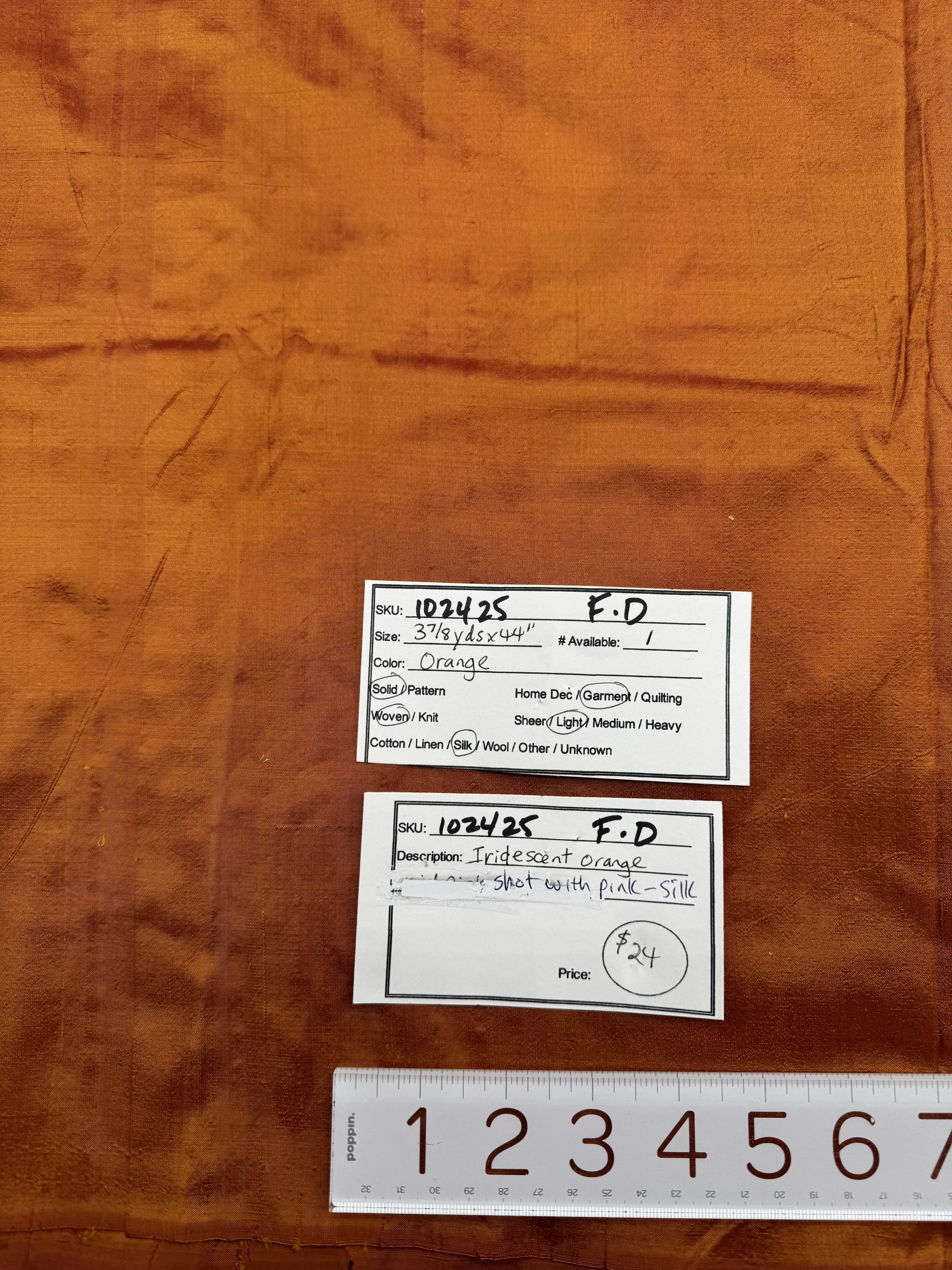 102425-F-D Iridescent orange shot with pink; Silk; 3 7/8 yds x 44"