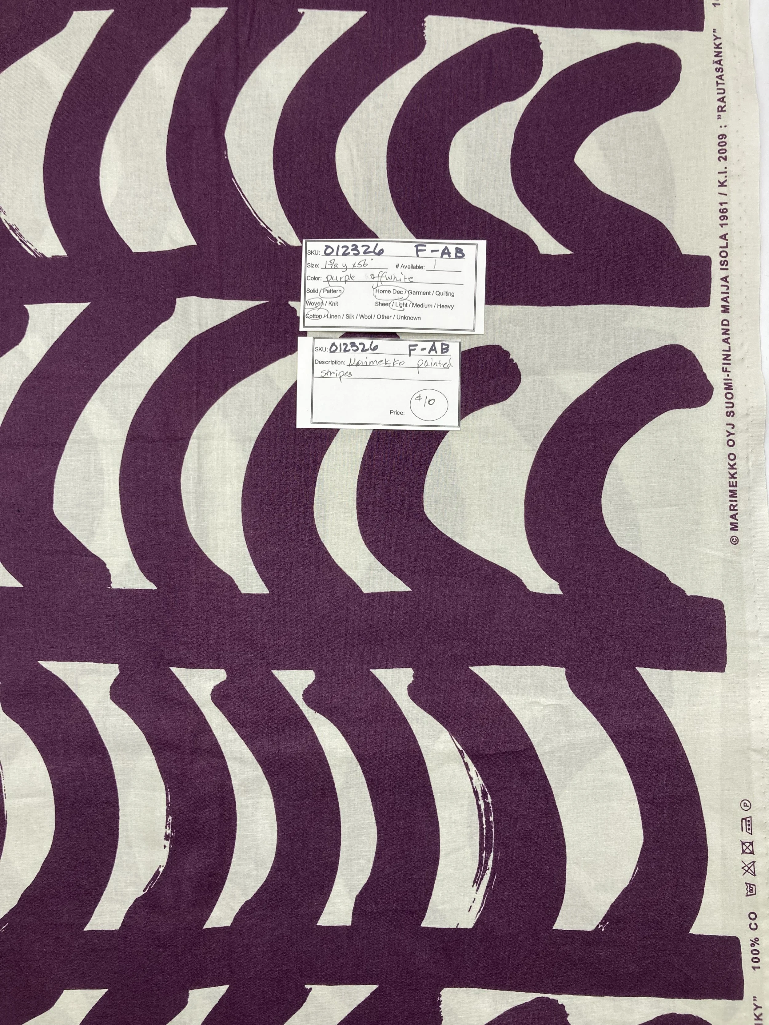 012326-F-AB Marimekko painted stripes; Cotton; 1 5/8 yds x 56"