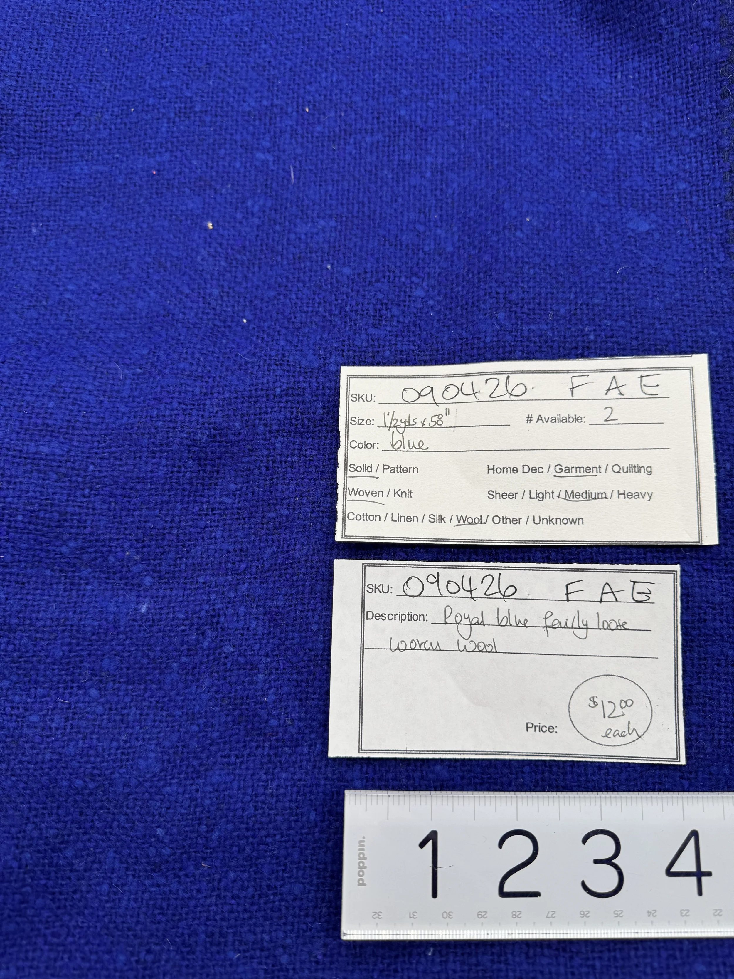 090426-F-AE Royal blue loosely woven wool; 1 1/2 yd x 58"