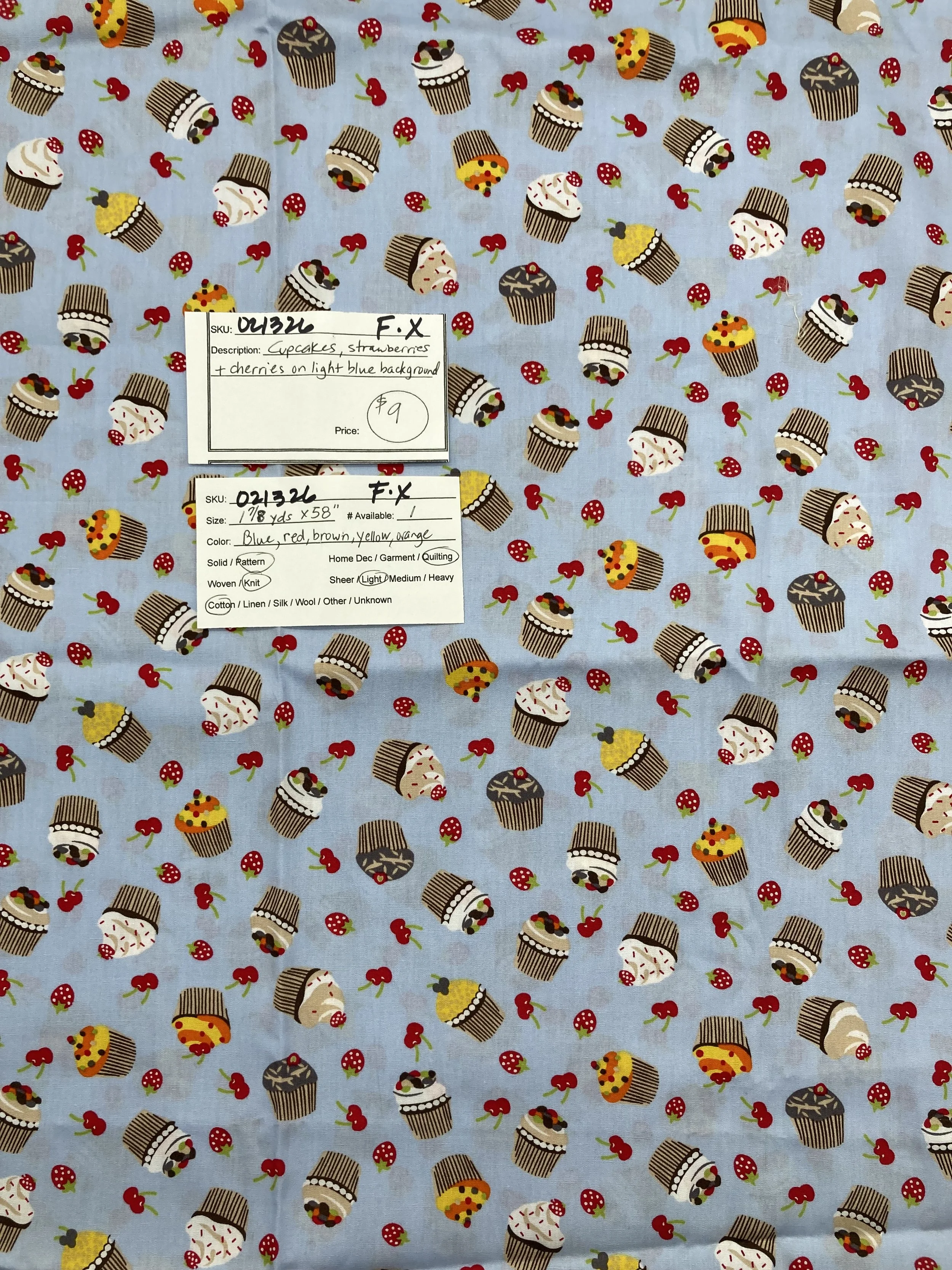 021326-F-X Cupcakes and fruit on blue; Cotton; 1 7/8 yds x 58"