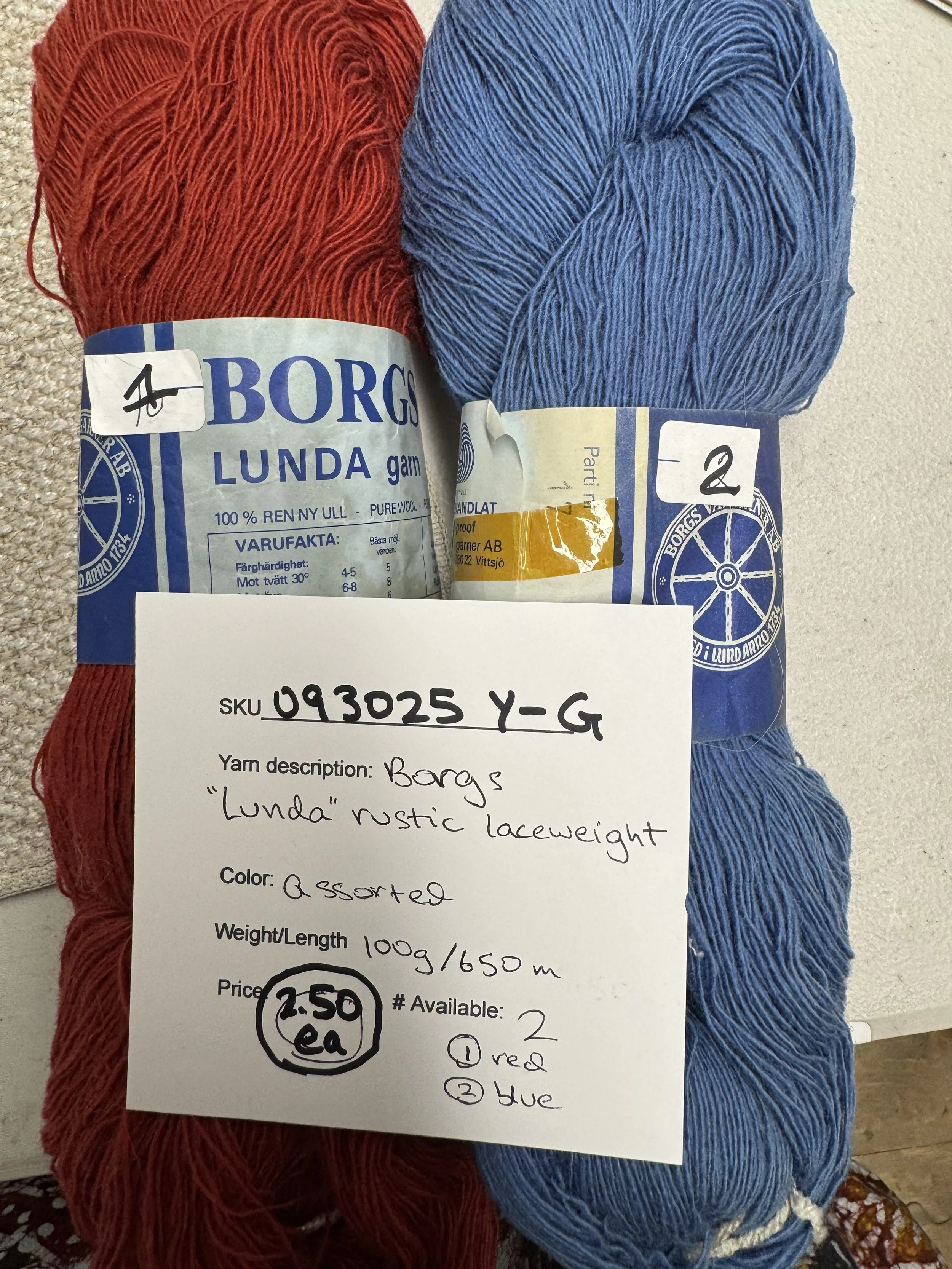 093025-Y-G Borgs Lunda laceweight wool, red or blue, 100g, 650 m