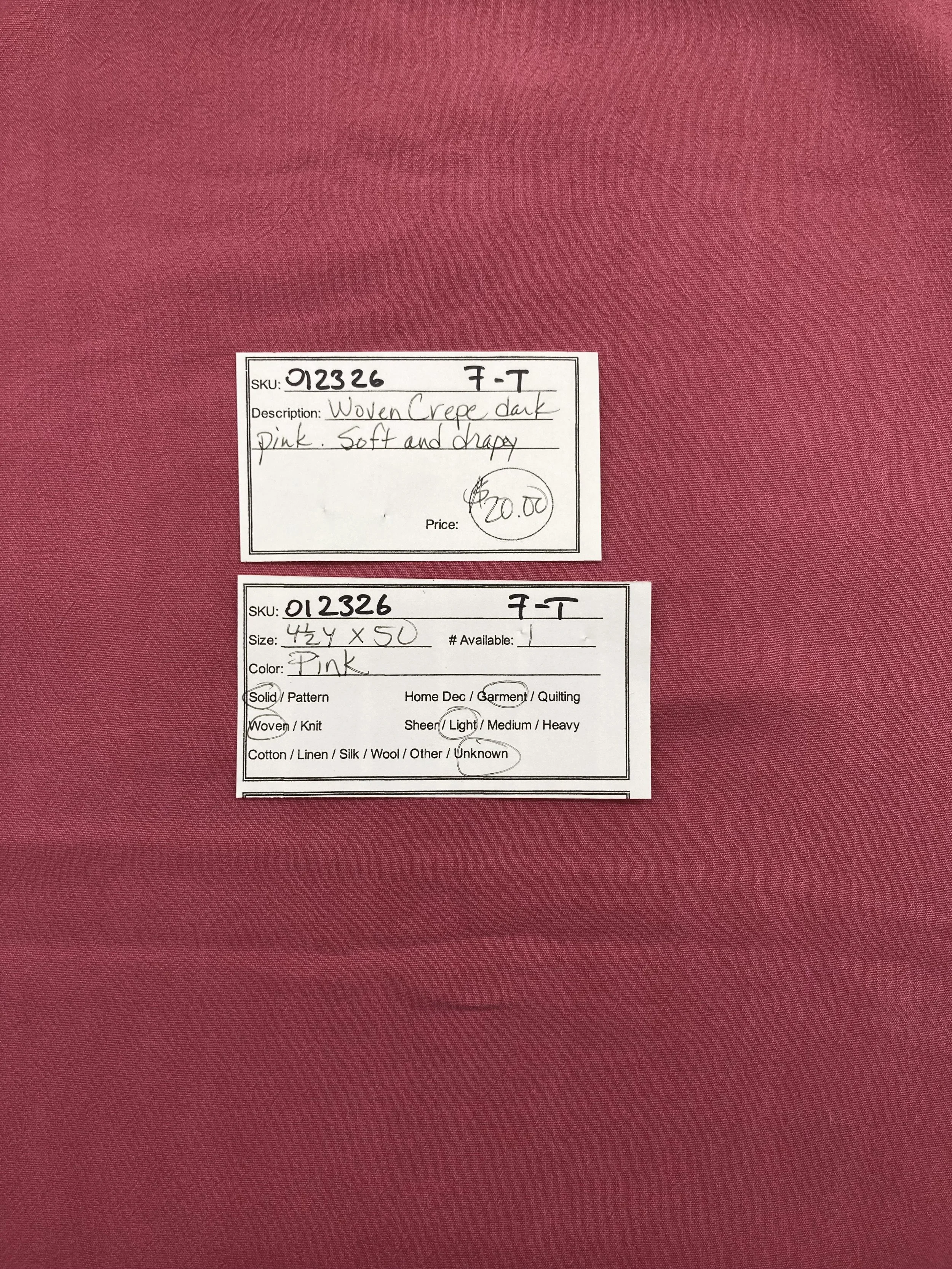 012326-F-T Woven dark pink crepe; 4 1/2 yds x 50"