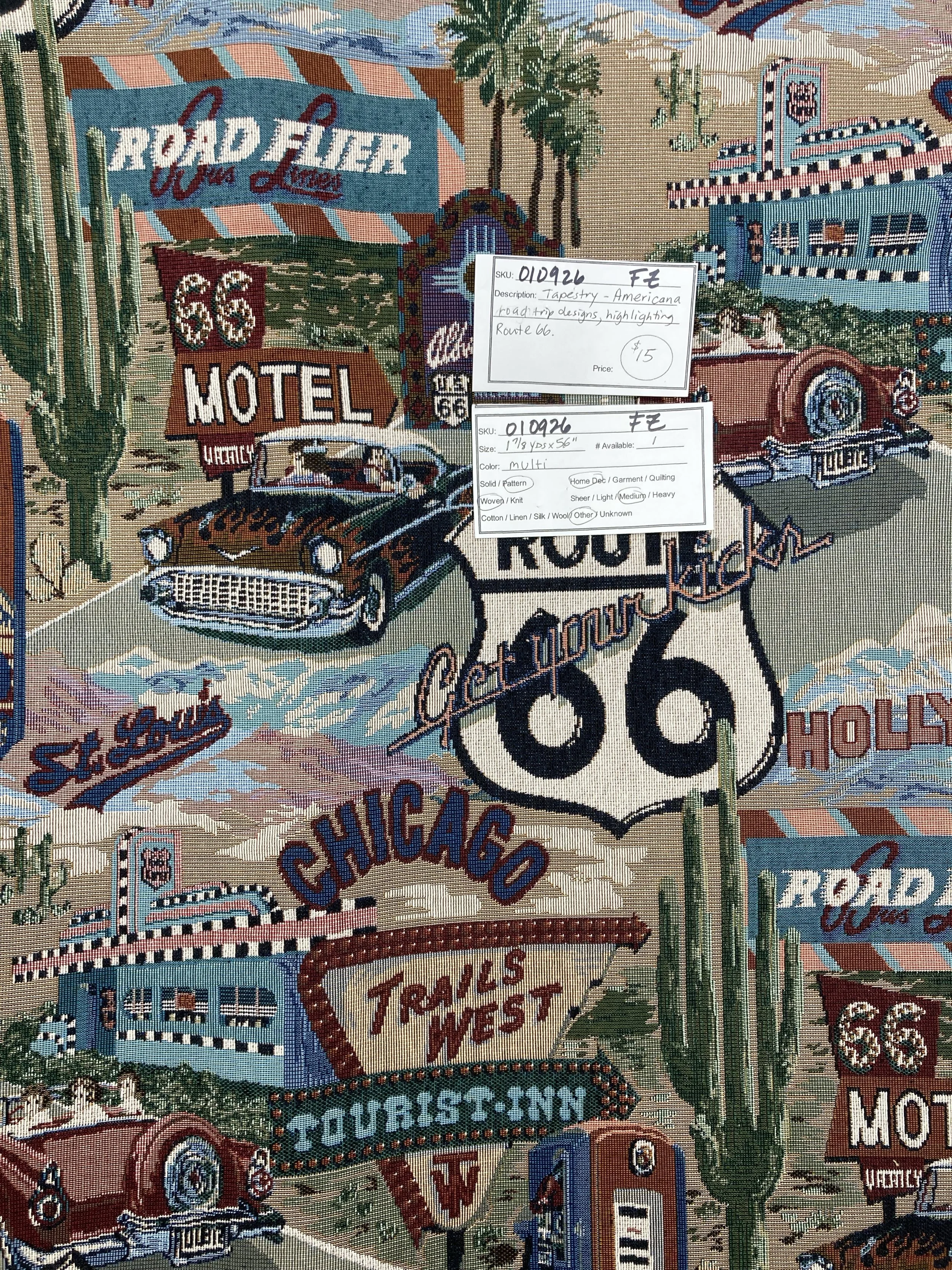 010926-F-Z Tapestry with Americana road trip designs; 1 7/8 yd x 56"