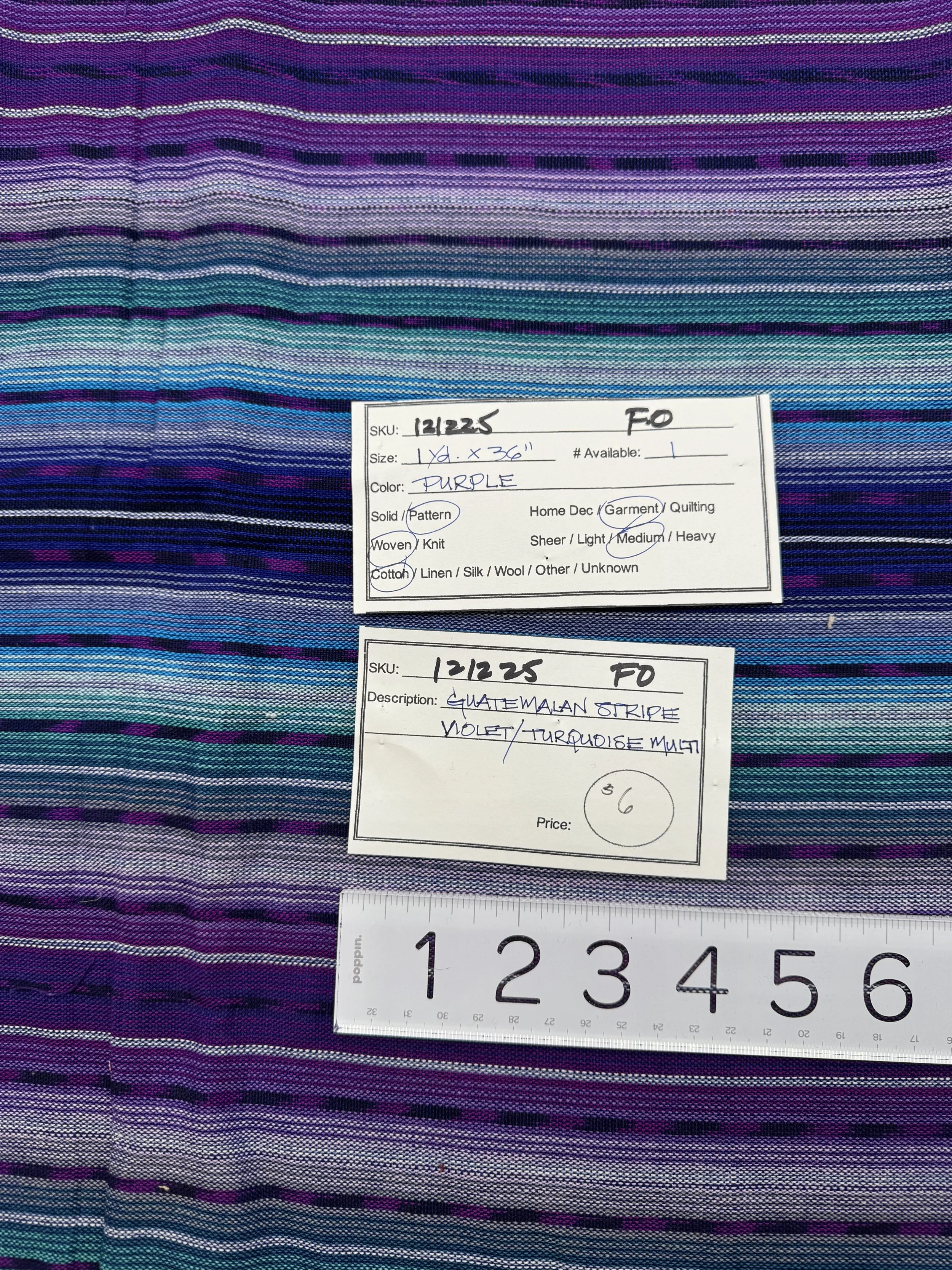 121225-F-O Guatemalan striped cotton; 1 yd x 36''