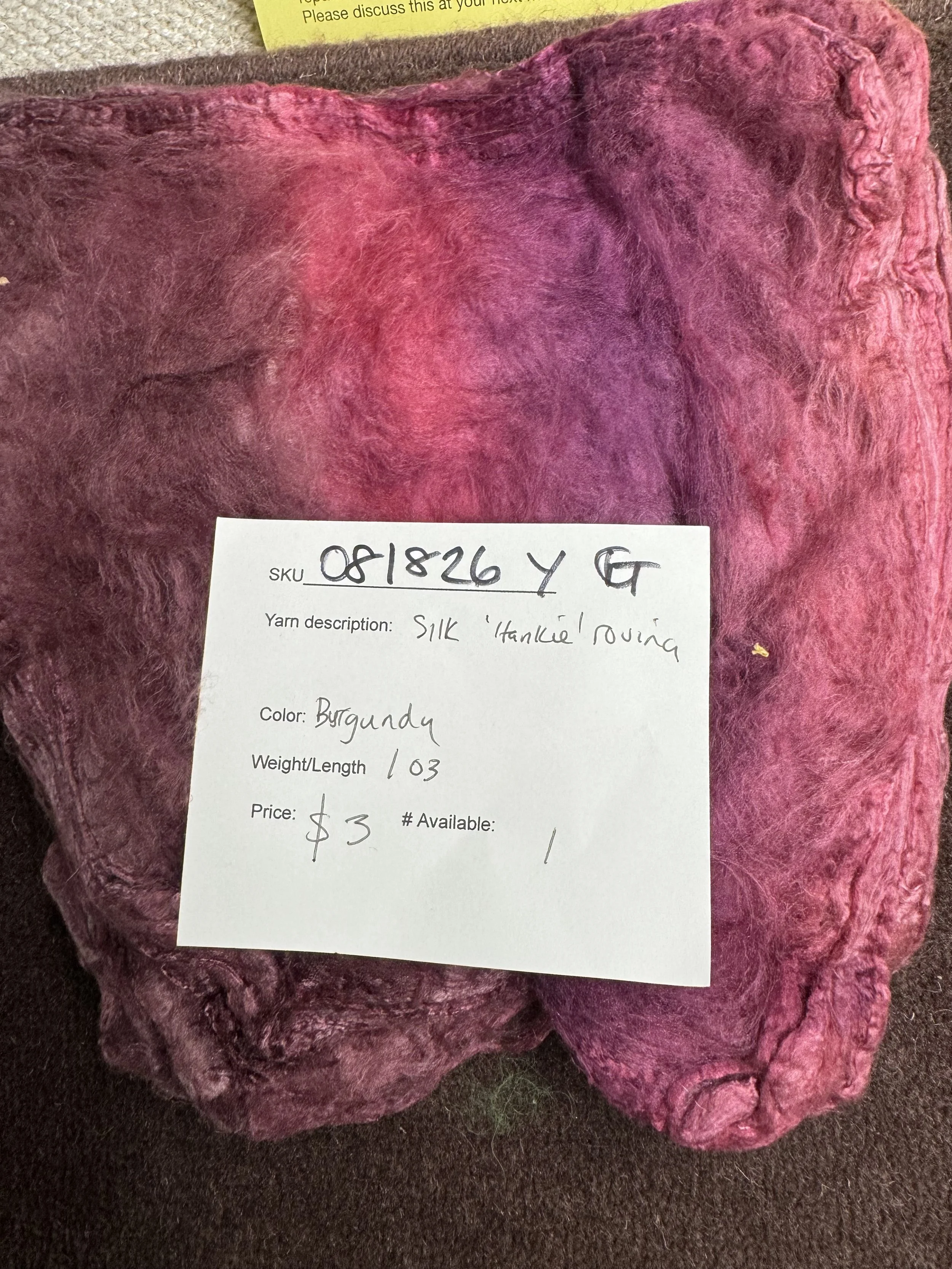081826-Y-G Silk "Hankie" roving, burgundy, 1 oz