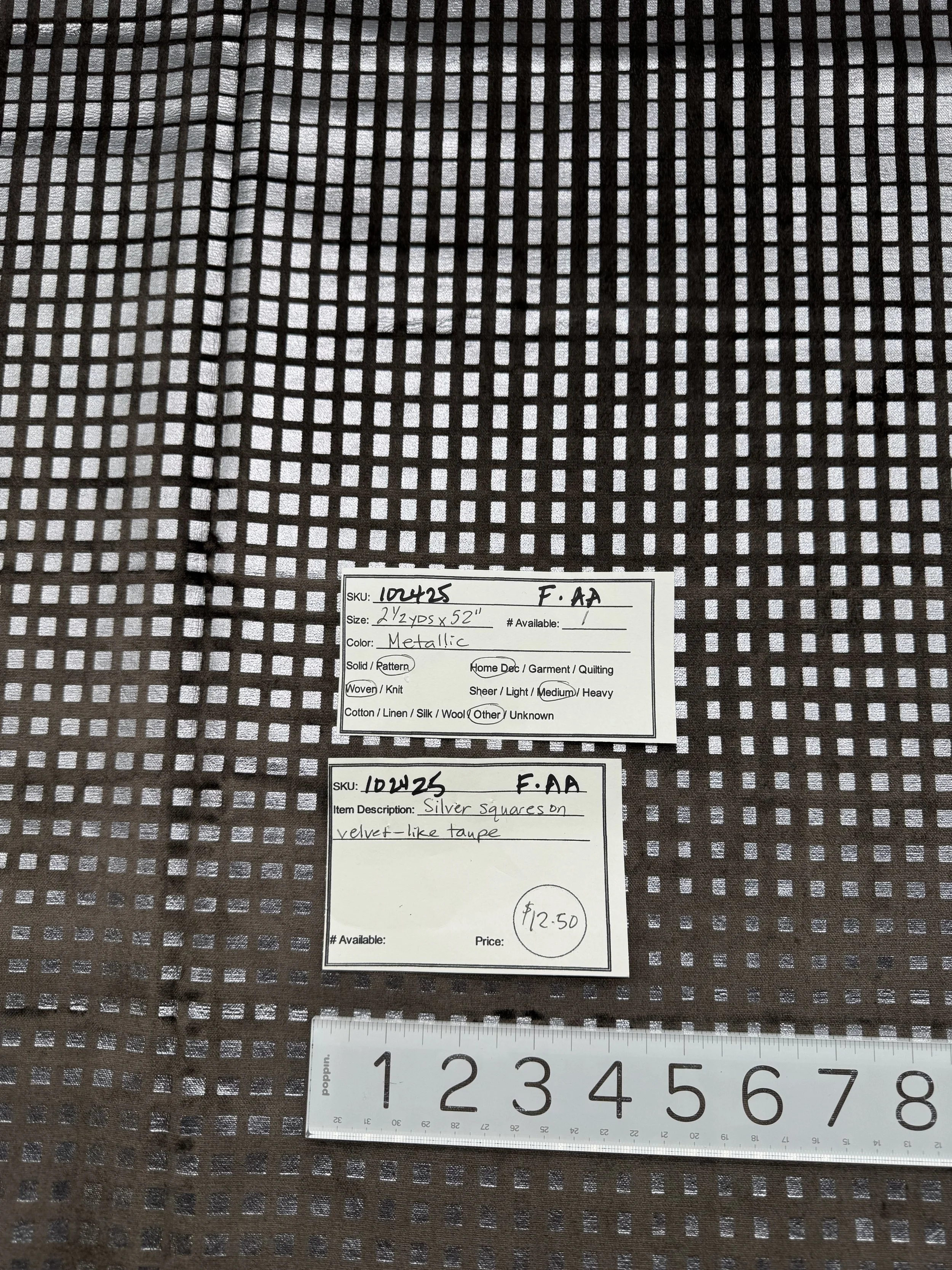 102425-F-AA Silver squares on velvet-like taupe; 2 1/2 yds x 52"