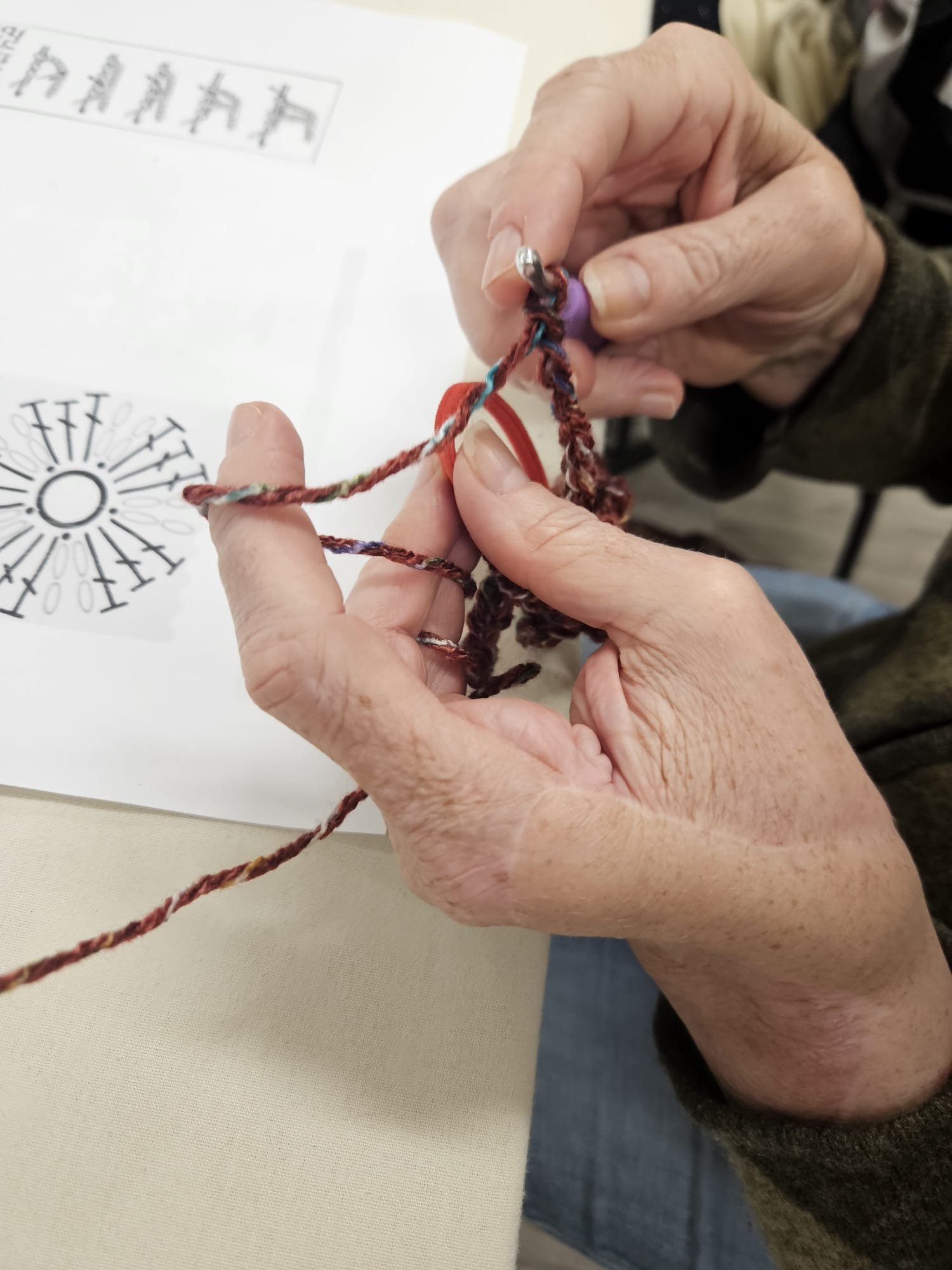 Close-up of hands crocheting yarn