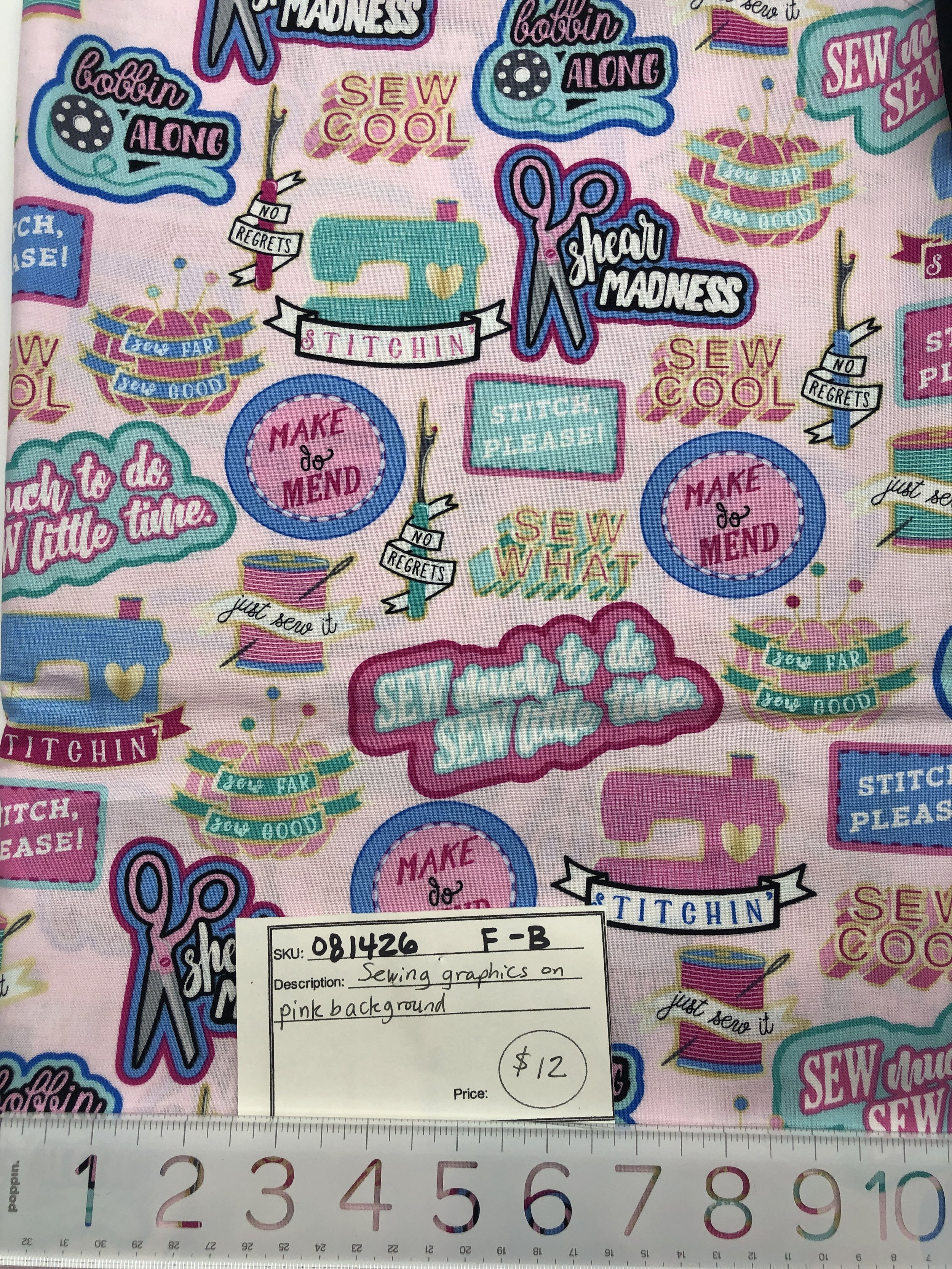 081426-F-B Sewing graphics on pink; Cotton; 2 yds x 45"