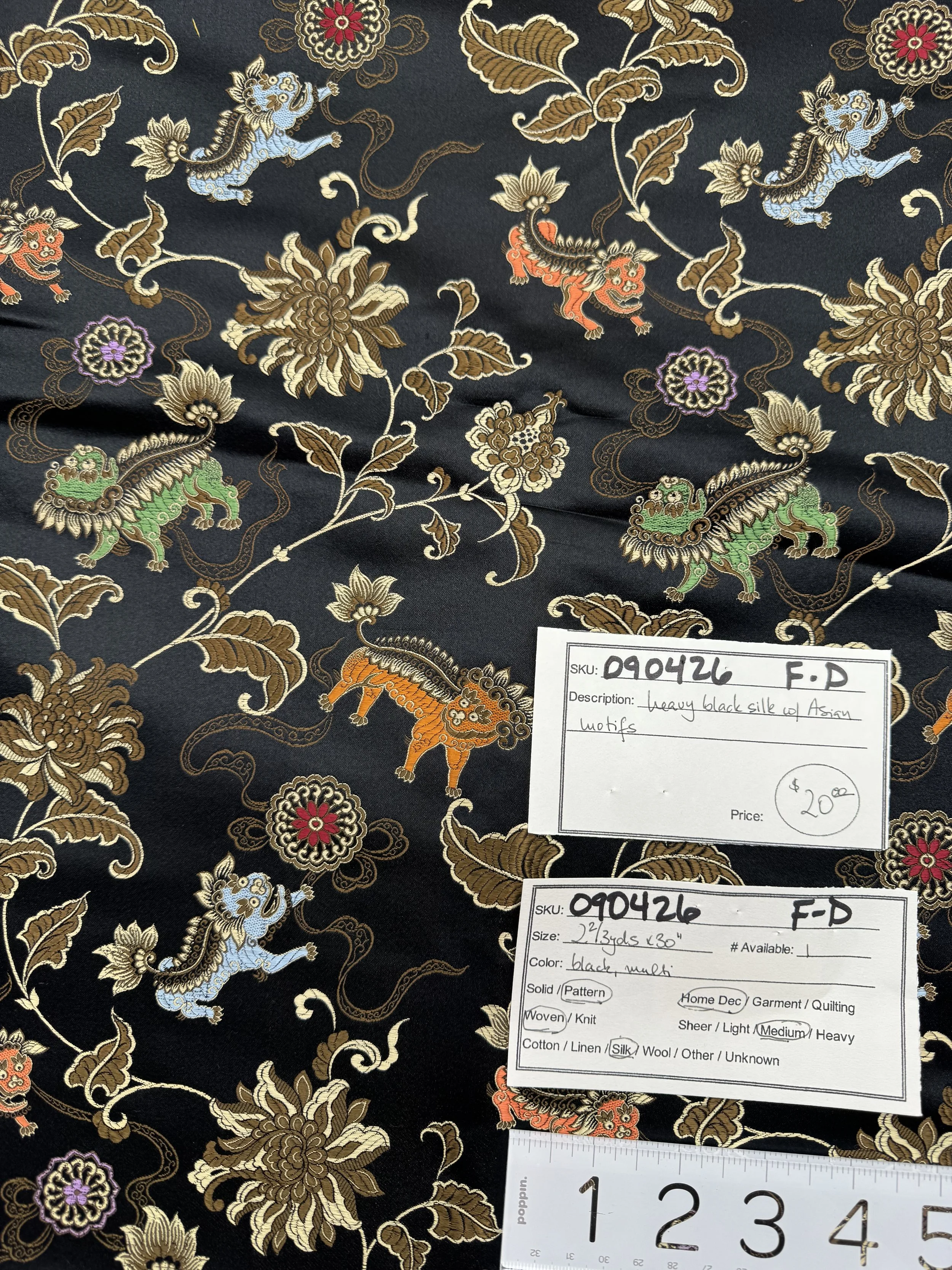 090426-F-D Heavy black silk with Asian motifs; 2 2/3 yd x 30"